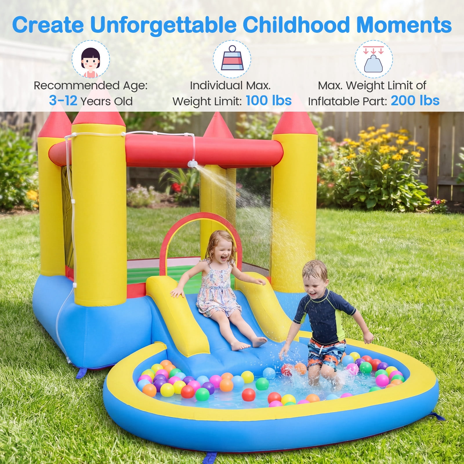 Gymax Inflatable Bounce House Kids Water Park Wet Dry w/ Splash Pool Water Slide & Bouncy Area Indoor Outdoor Jumping Castle
