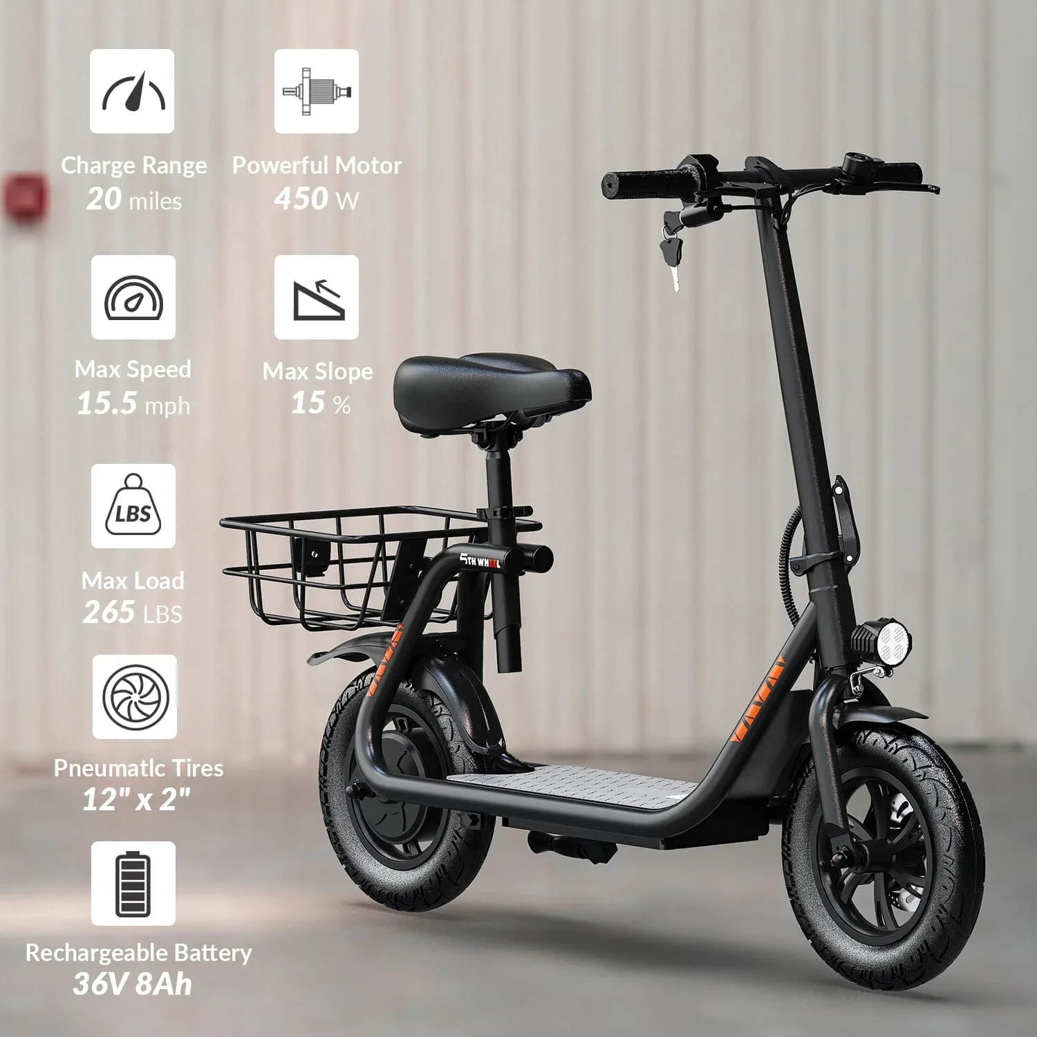 5TH WHEEL W18S 450W Motor Electric Scooter for Adults with Seat and Carry Basket, 36V 20Miles Range & 15.5Mph, 12" Foldable E Scooter for Commuting
