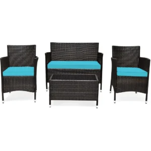 Patiojoy 4PCS Patio Rattan Wicker Furniture Set Sofa Chair Table Set w Turquoise Cushions