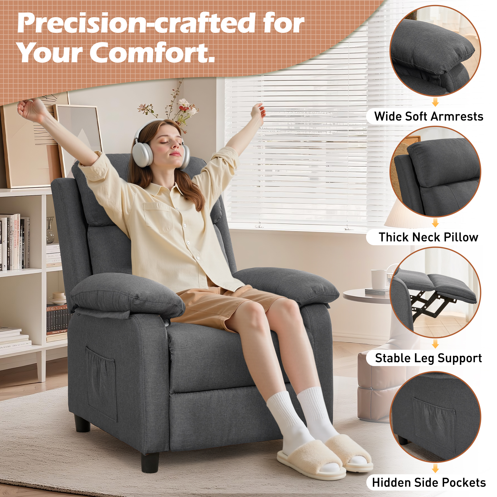 Korser Manual Push Back Recliner Chair with Side Pockets,Recliner Chairs for Adults for Living Room,Small Recliners for Small Spaces,Linen
