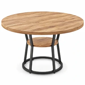 Space-Saving Round Dining Table for 4-6 – Farmhouse Kitchen Table with Storage Shelf – Sturdy Wood Top & Metal Cross Base – Suits Dining Room, Kitchen, Apartment, Chairs Excluded