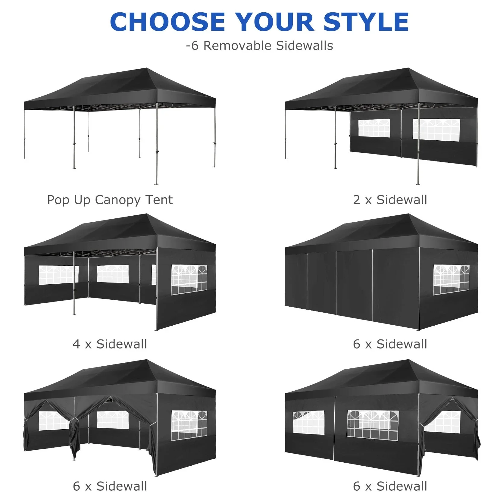 SANOPY 10'x20' Pop Up Canopy Waterproof Folding Tent Outdoor Easy Set-up Instant Tent Heavy Duty Commercial Wedding Party Shelter with 6 Removable Sidewalls, 4 Sandbags, Roller Bag, Black