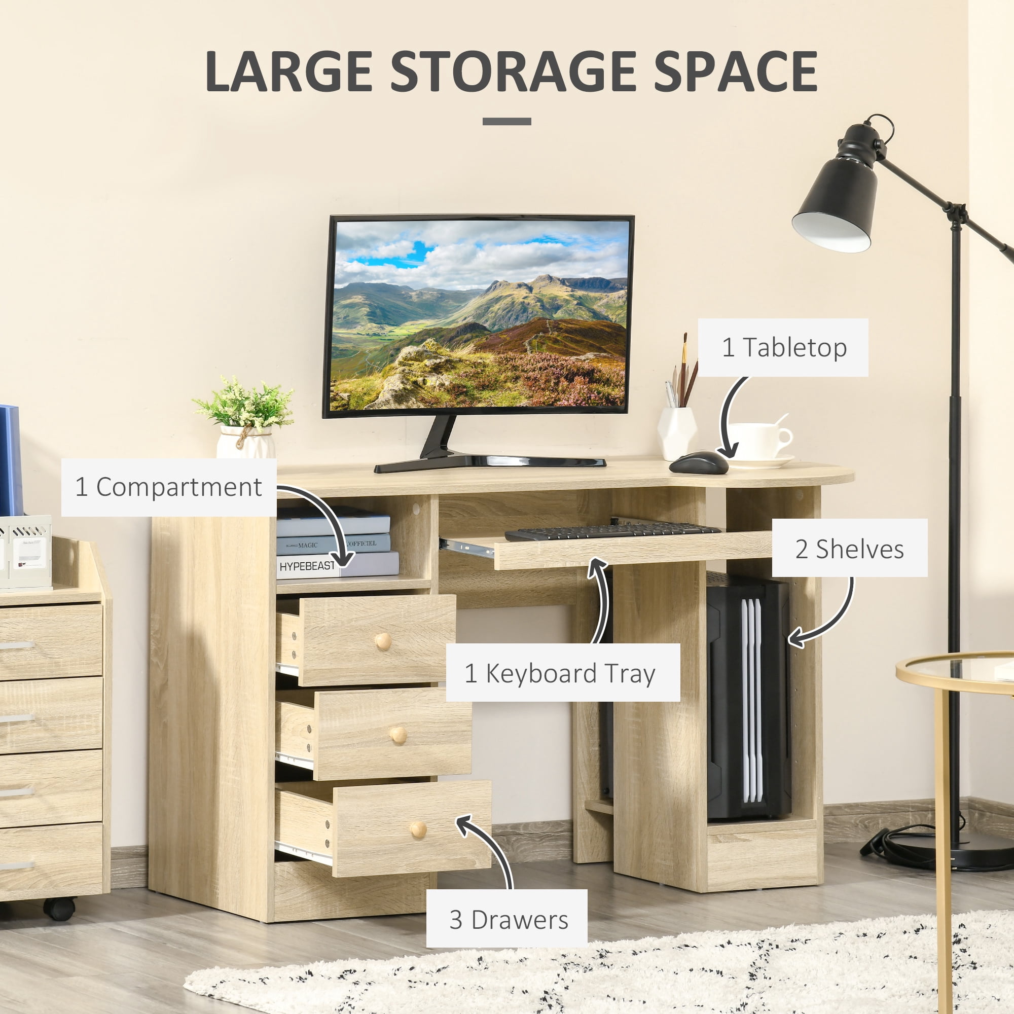 HOMCOM Computer Desk Modern Workstation Desk w/ Shelf Drawer