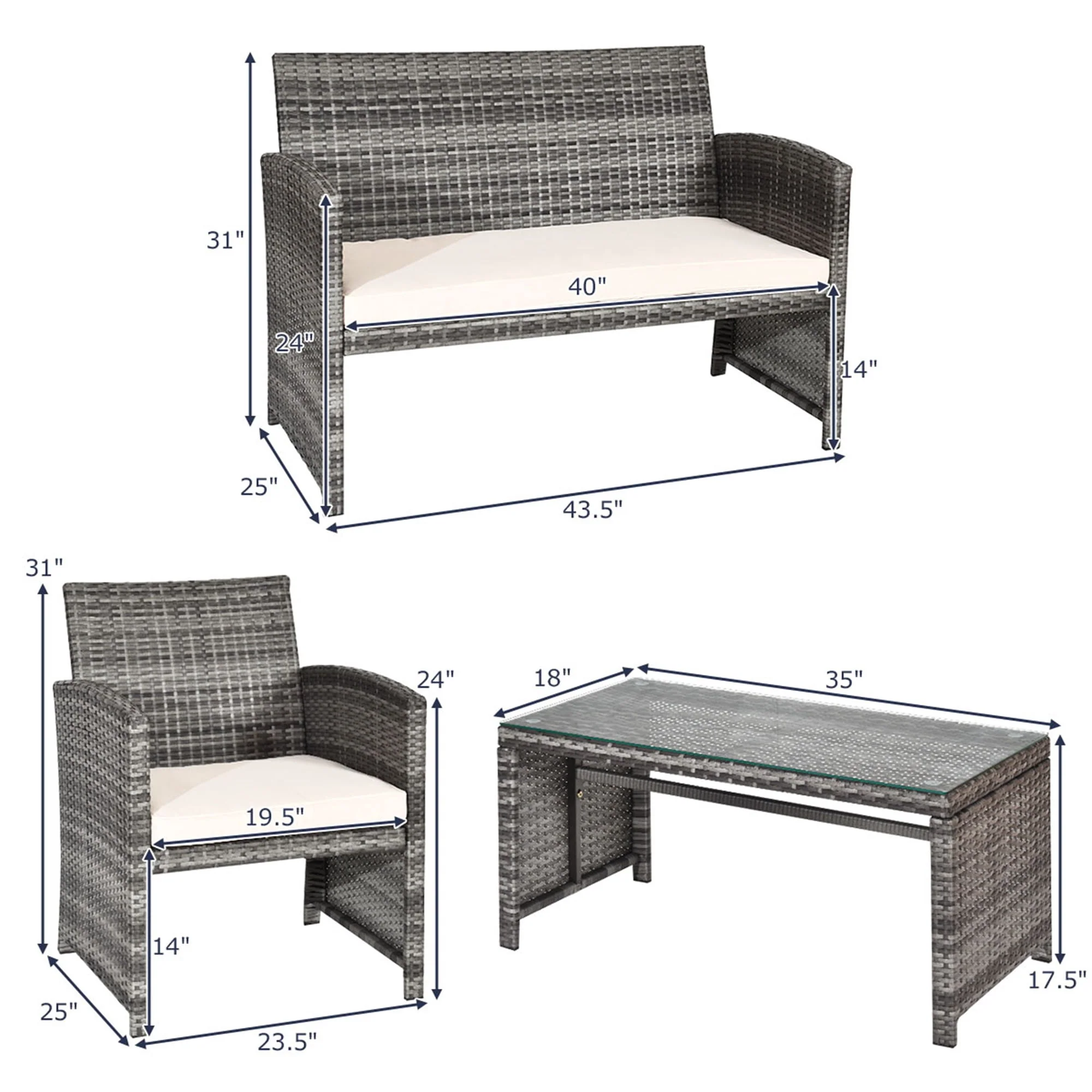 Costway 4PCS Patio Rattan Furniture Set Conversation Glass Table Top Cushioned Sofa