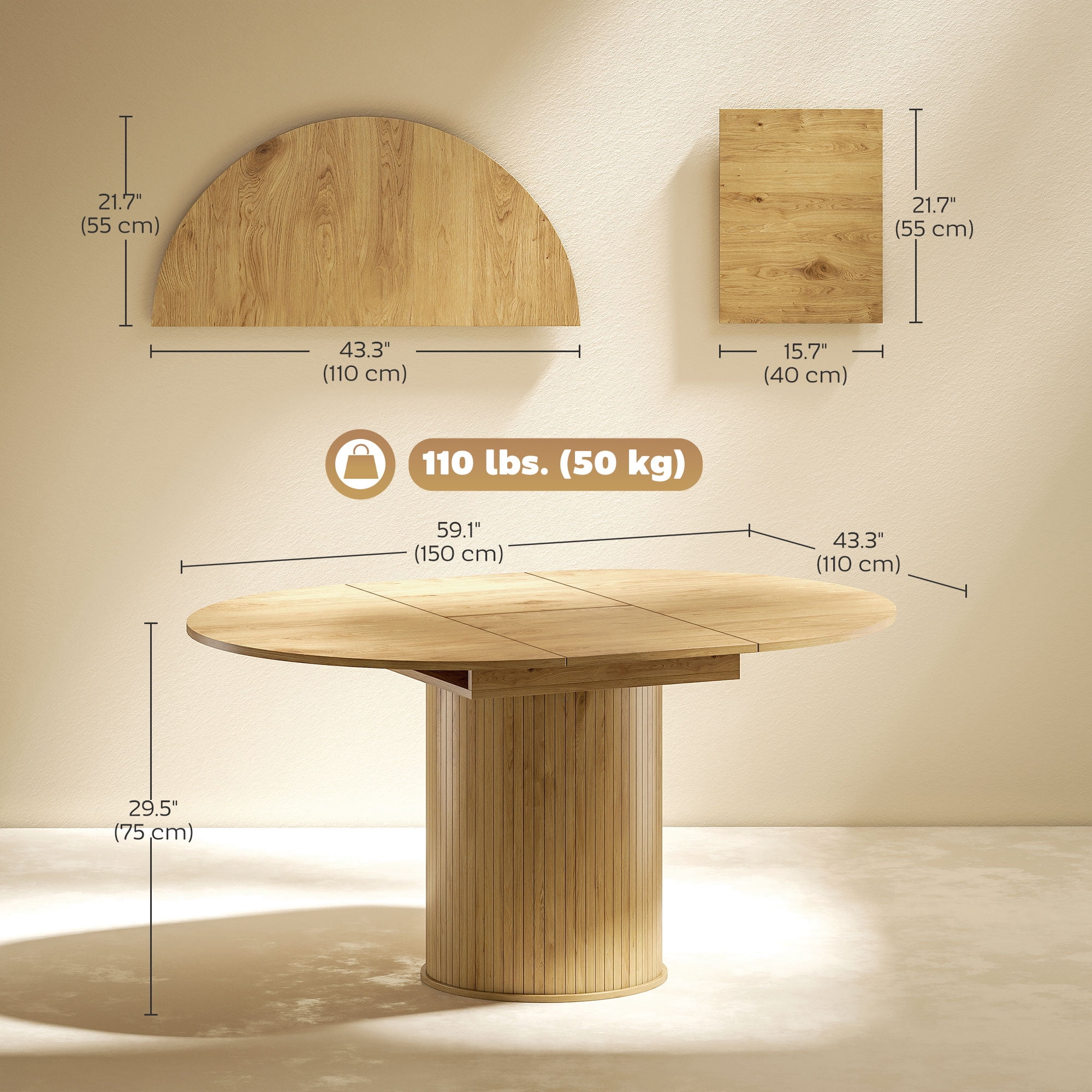 HOMCOM Extendable Dining Table 43.5"-59" Farmhouse Kitchen Table Natural