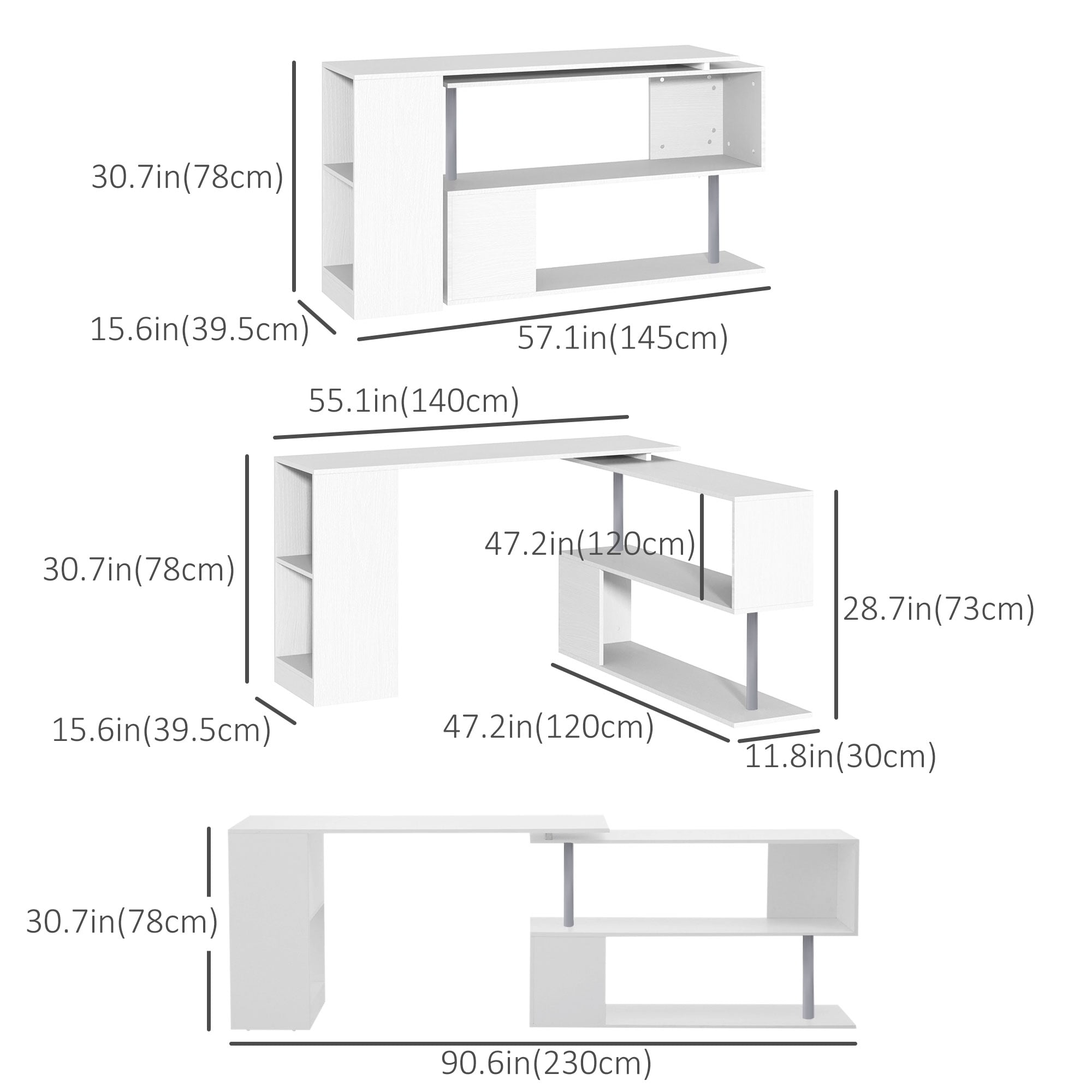 HOMCOM 55" L-Shaped Desk 360° Rotating Corner Computer Desk for Home Office