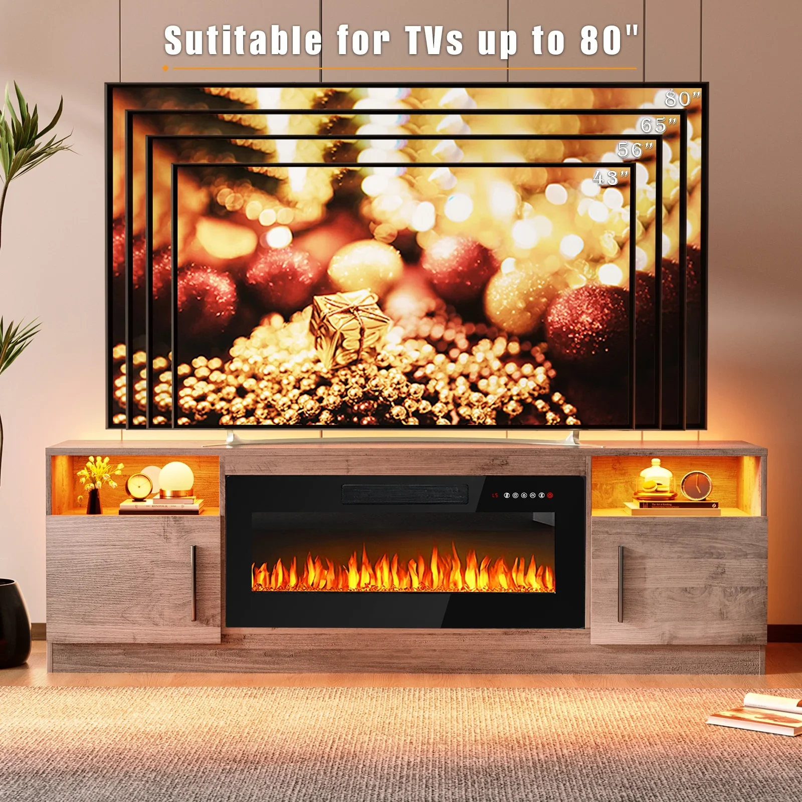 Waleaf Fireplace TV Stand with 18'' Fireplace for TVs up to 65 inch, Two Adjustable Glass Shelves