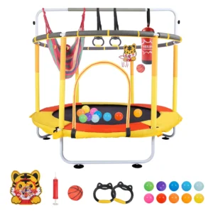 Halicool 440lbs Round Toddler Trampoline with Net, Upgraded Ring Legs with Adjustable Gymnastics Bar & Toys
