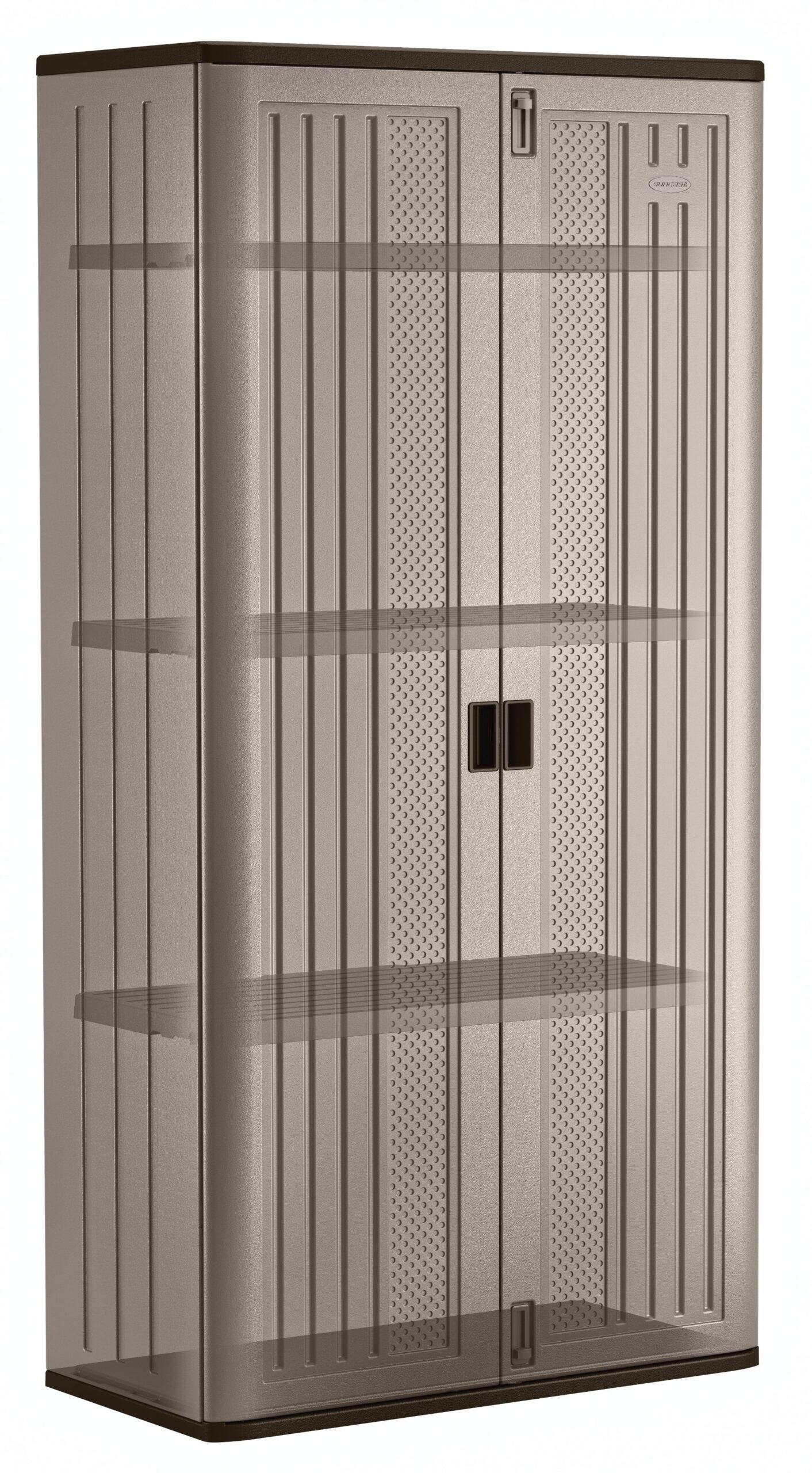 Suncast Mega Tall Resin Outdoor Storage Cabinet with 3 Shelves, Platinum Metallic