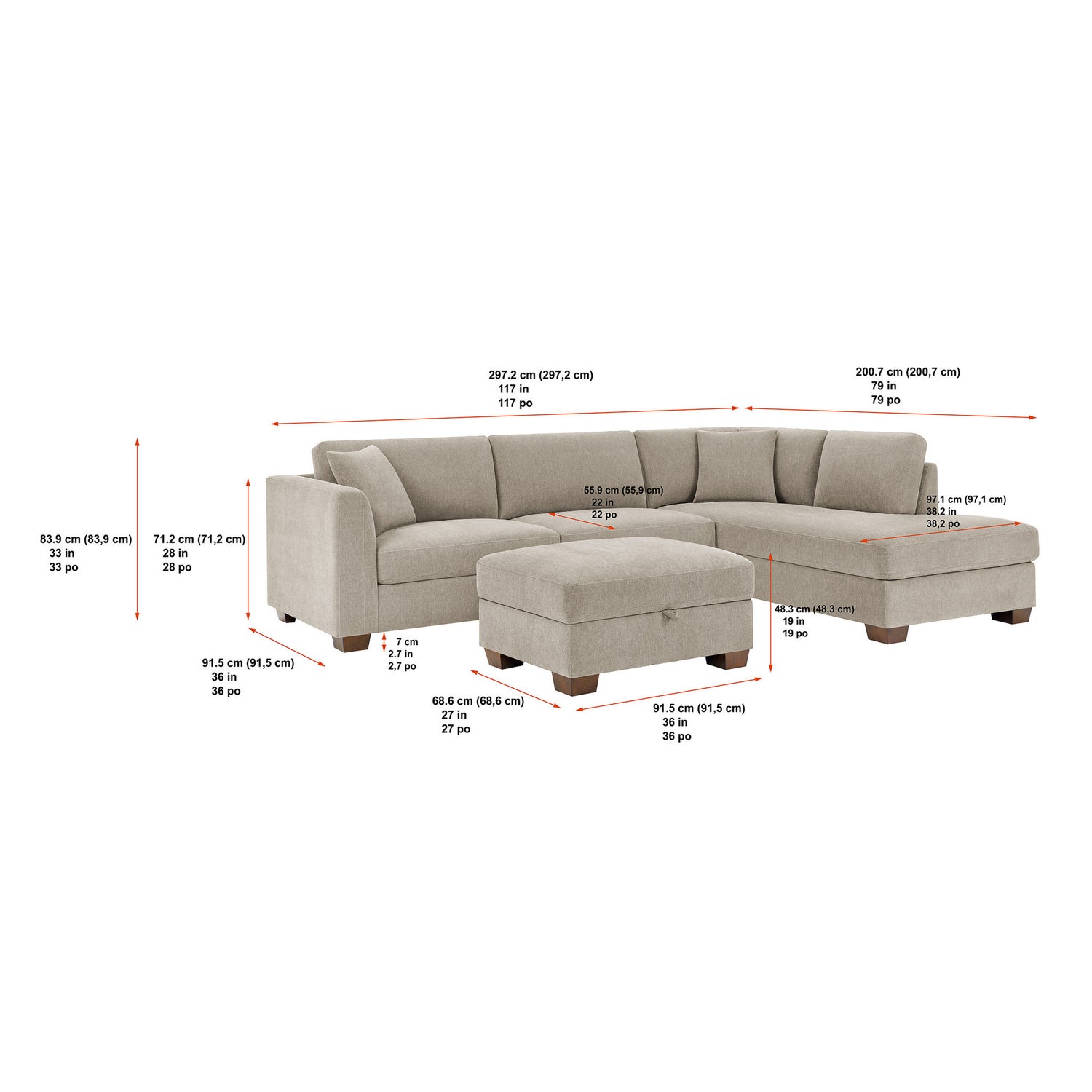 Thomasville Walsen 3-piece Fabric Sectional with Storage Ottoman