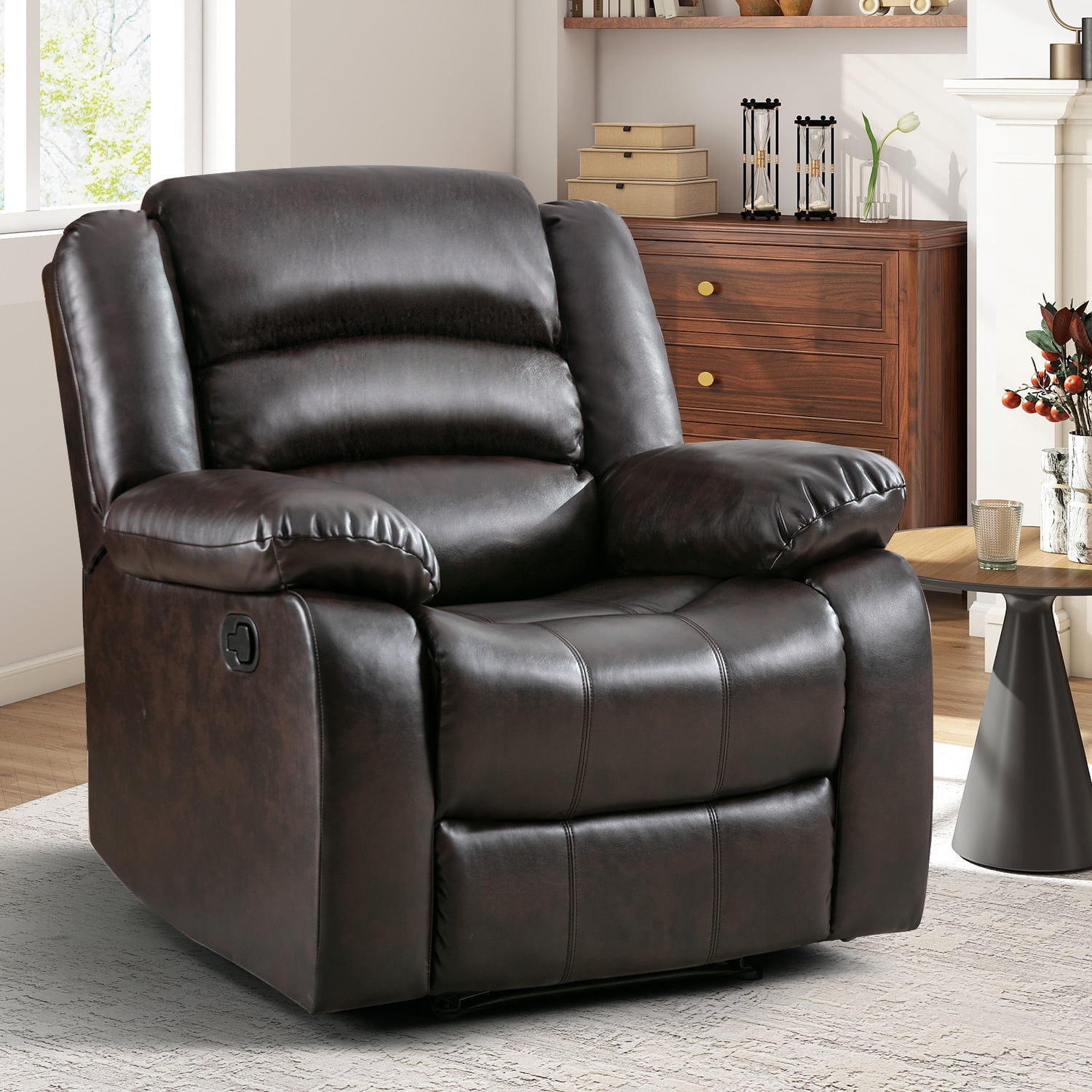 Bonzy Home Manual Recliner Chair, Breathable Faux Leather Reclining Chairs with Overstuffed Arm and Back, Living Room Single Sofa Recliners,Dark