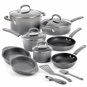 15 Piece Hard Enamel Nonstick Cookware Set Gray Pots and Pans Set with Durable Nonstick Coating for Kitchen Cooking