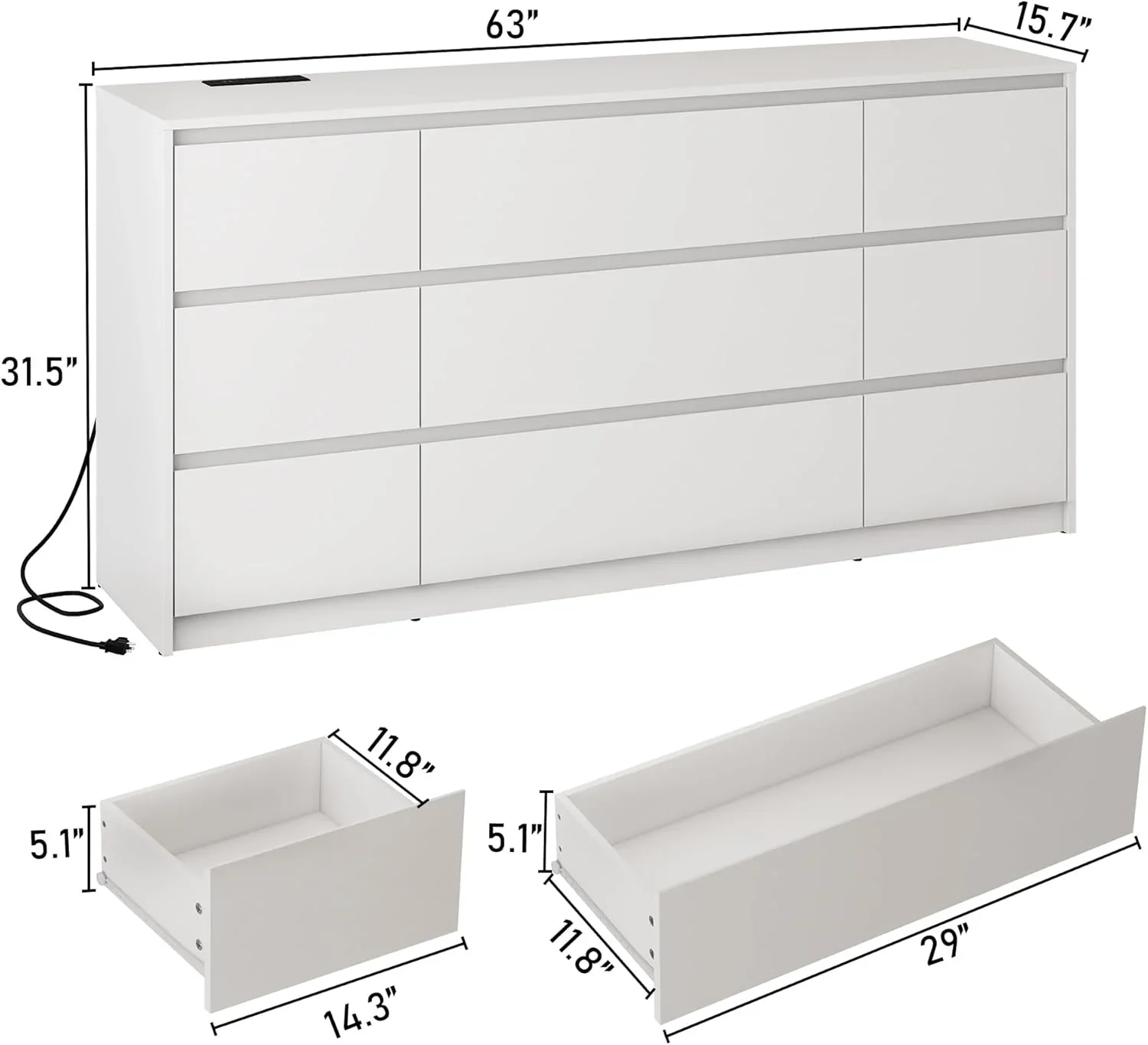 ChVans Black 9 Drawers Dresser with Charging Station, 63" Long Modern Dresser with 9 Drawers for Bedroom, Large Wood Chest of Drawers Handle Free, Dresser for Bedroom, Living Room, Hallway