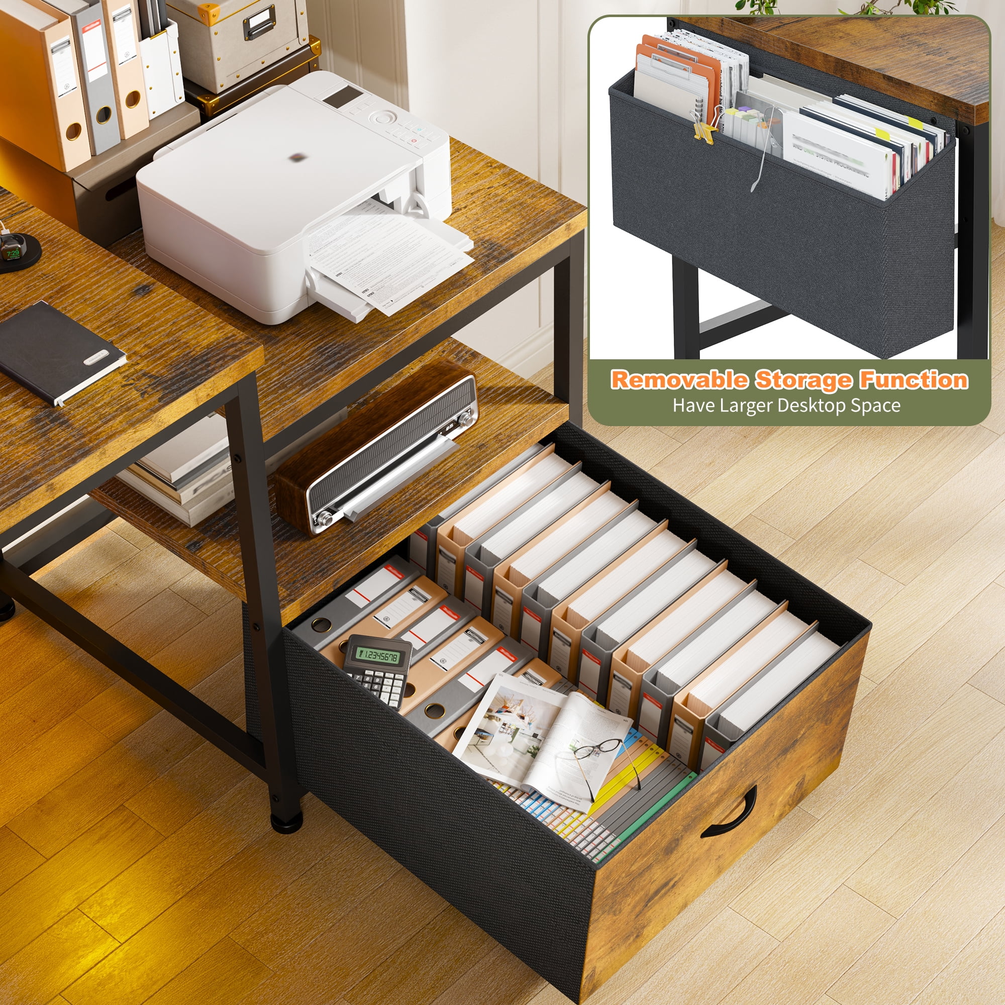 Exenoray 56.5" Computer Desk with Fabric File Drawers Cabinet, Reversible Home Office Desks with Power Outlets for Home Office, Rustic