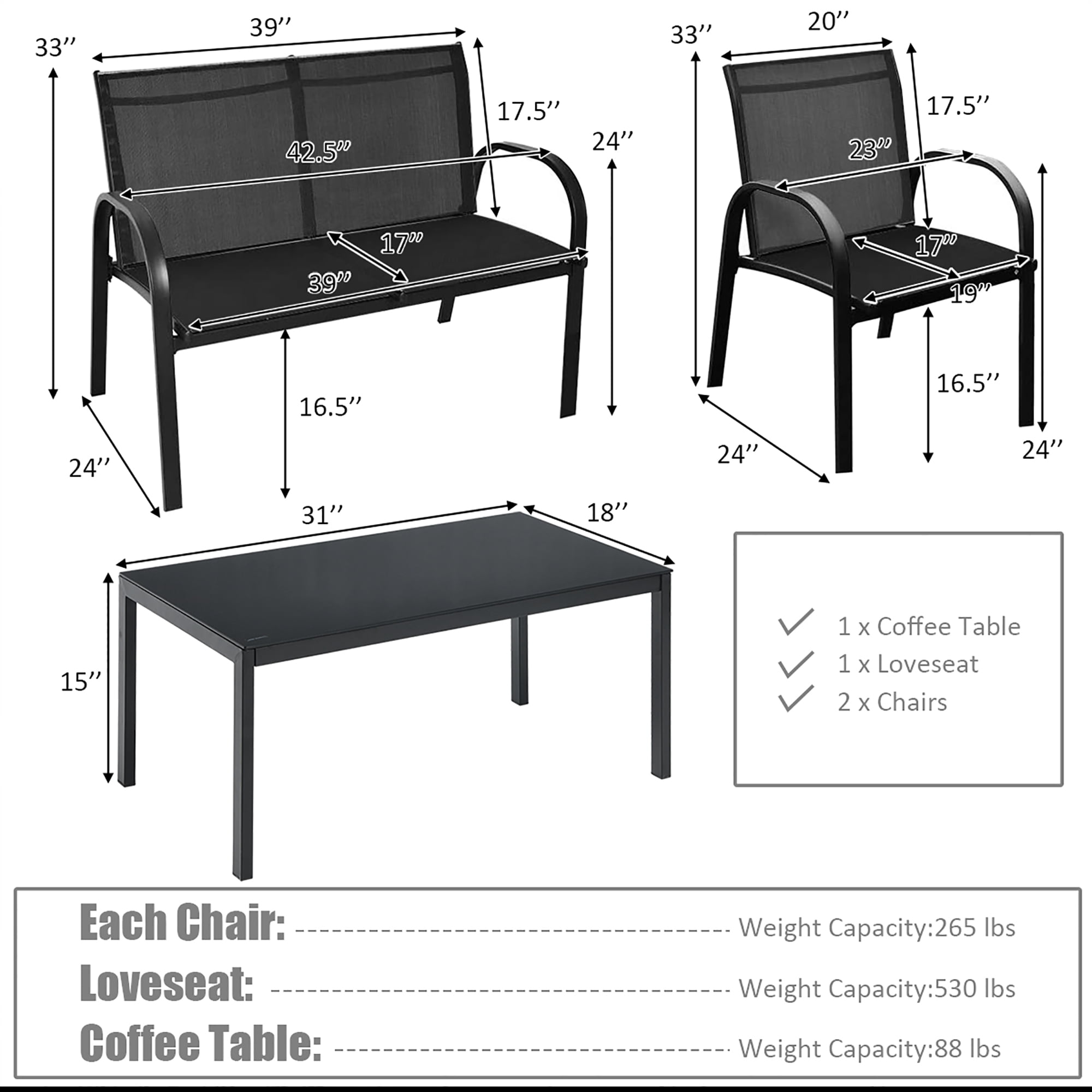 Costway 4pcs Patio Furniture Set Sofa Coffee Table Steel Frame Garden Deck Black