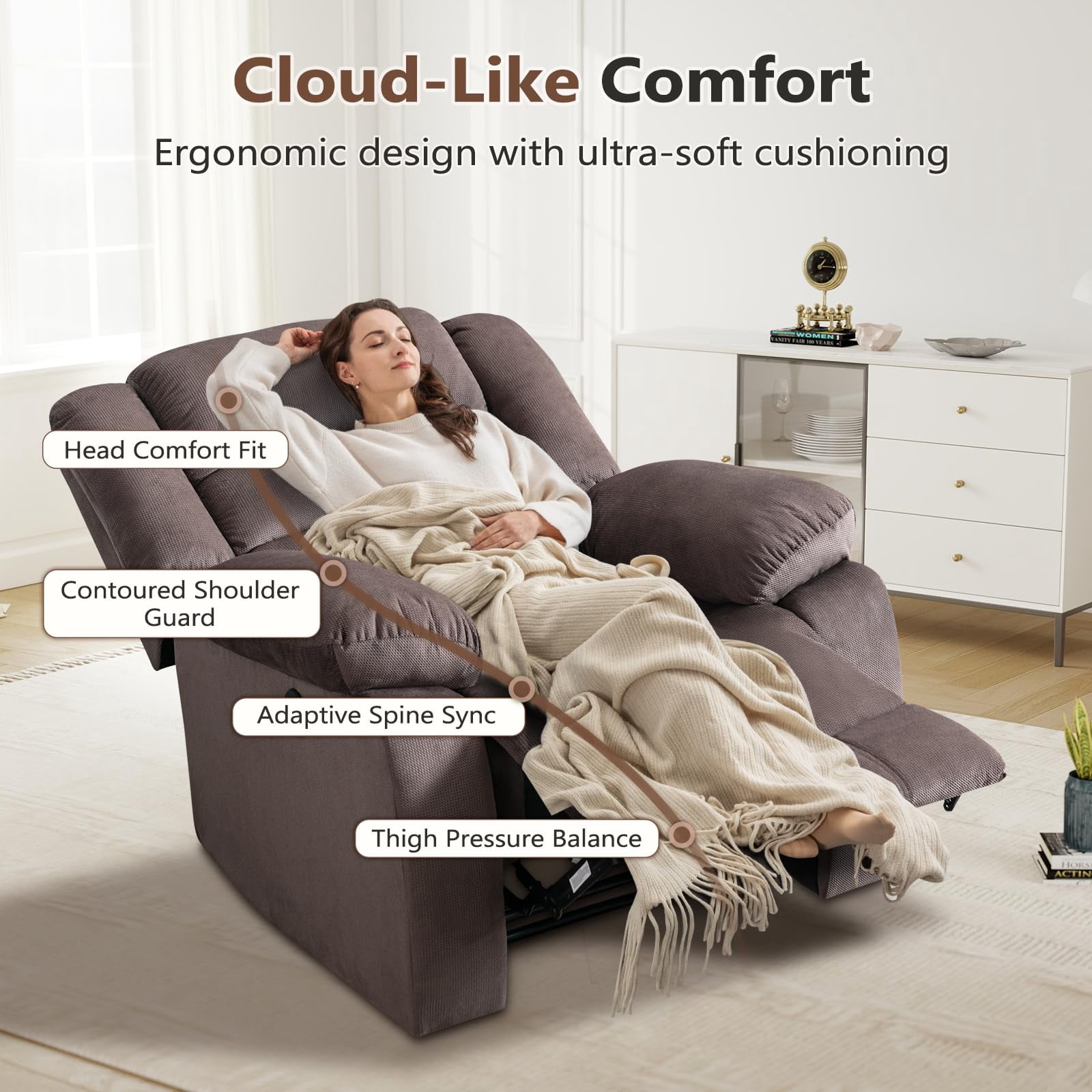 Bonzy Home Power Recliner Chair, Fabric Electric Reclining Chair with Overstuffed Cushion and Back, Comfy Oversized Recliners for Living Room, Bedroom, Adults