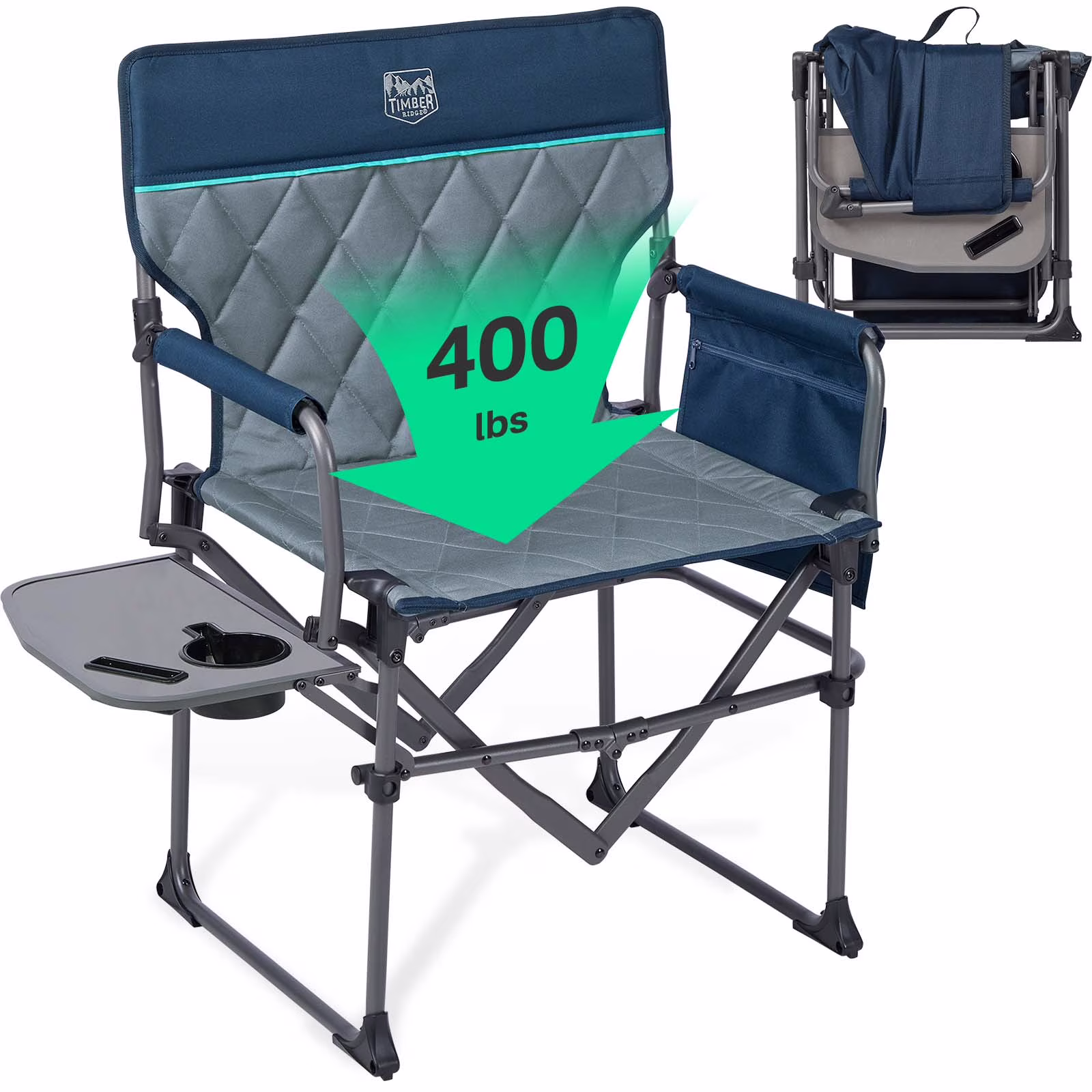 TIMBER RIDGE Portable Director Chair, Heavy Duty Camping Folding Chair with Compact Size with Side Pocket and Side Table, Support 400 lbs, Grey