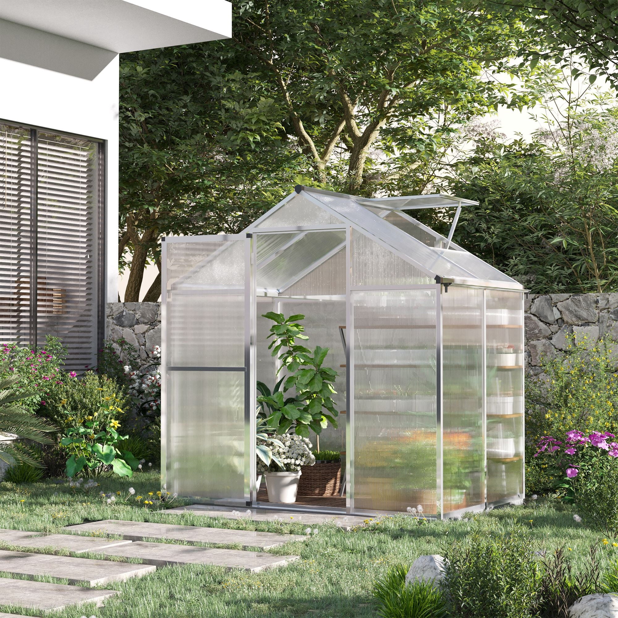 Outsunny 4'x6.2'x6.4' Walk-in Garden Greenhouse Polycarbonate Panels Plants Flower Growth Shed Cold Frame Outdoor Portable Warm House Aluminum Frame