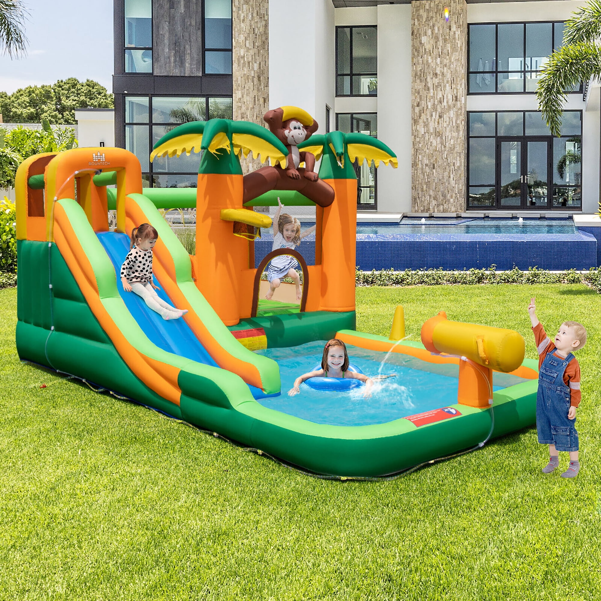 Gymax Inflatable Water Slide Park Monkey Bounce House Splash Pool without Blower