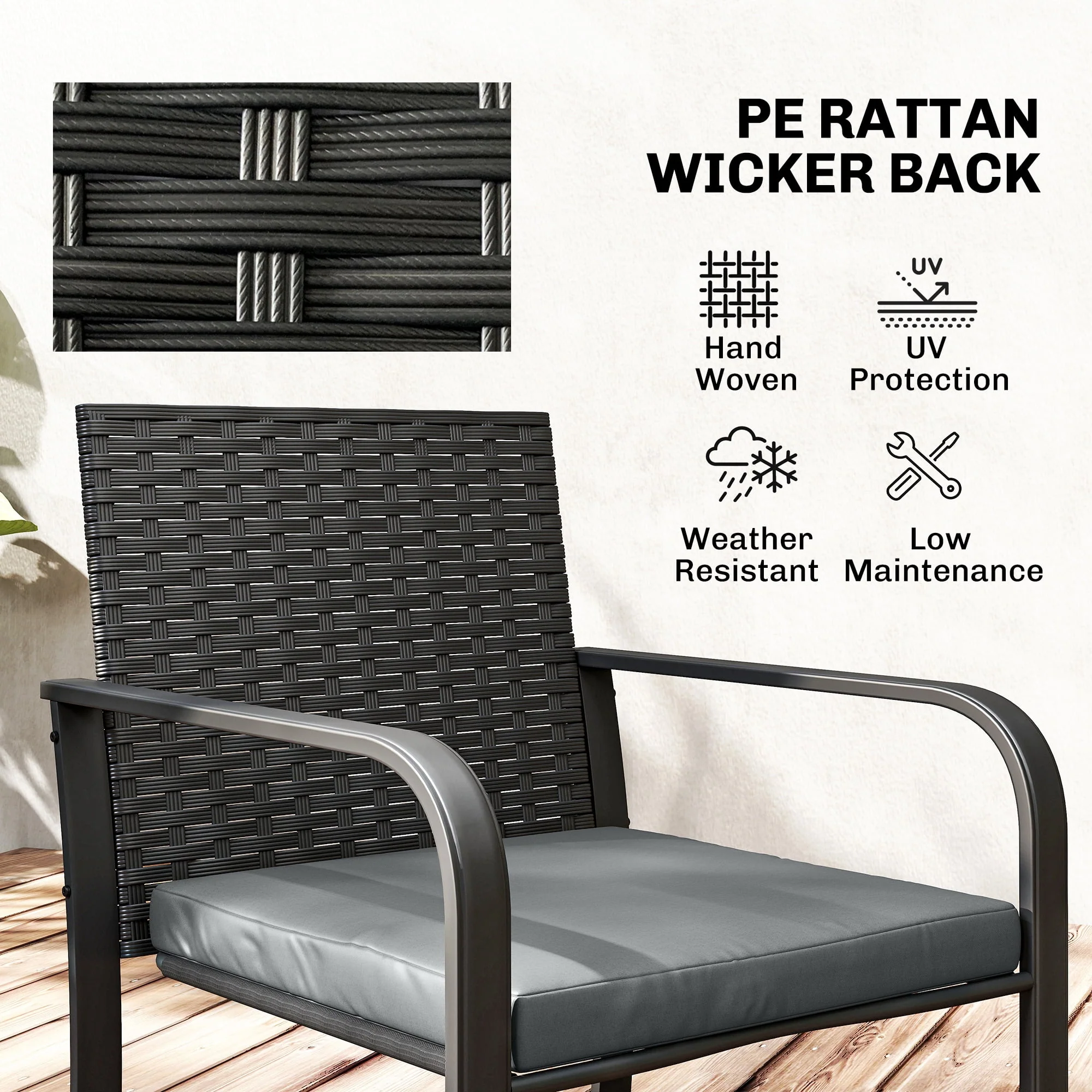 Outsunny Wicker Patio Furniture Bistro Set with Cushion Mesh Seat, Grey
