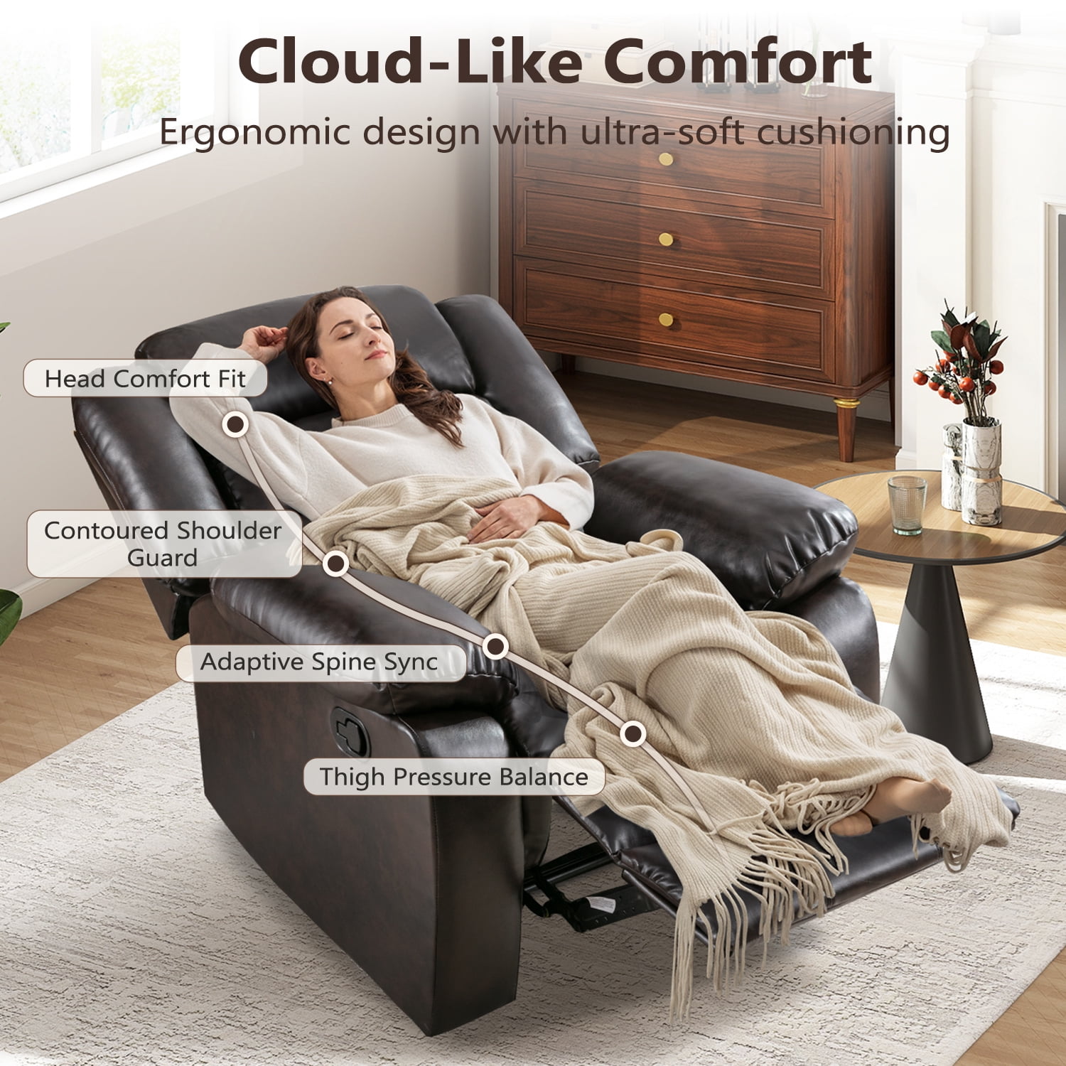 Bonzy Home Manual Recliner Chair, Breathable Faux Leather Reclining Chairs with Overstuffed Arm and Back, Living Room Single Sofa Recliners,Dark
