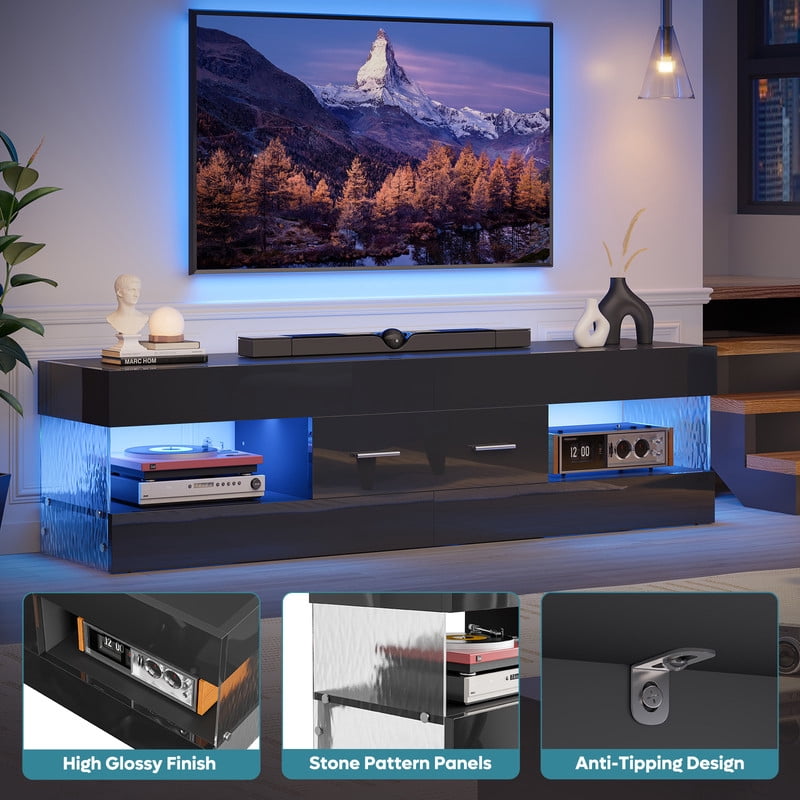 Bestier High Gloss TV Stand for TV up to 65" LED Television Entertainment Center Modern TV Cabinet with Storage Drawers