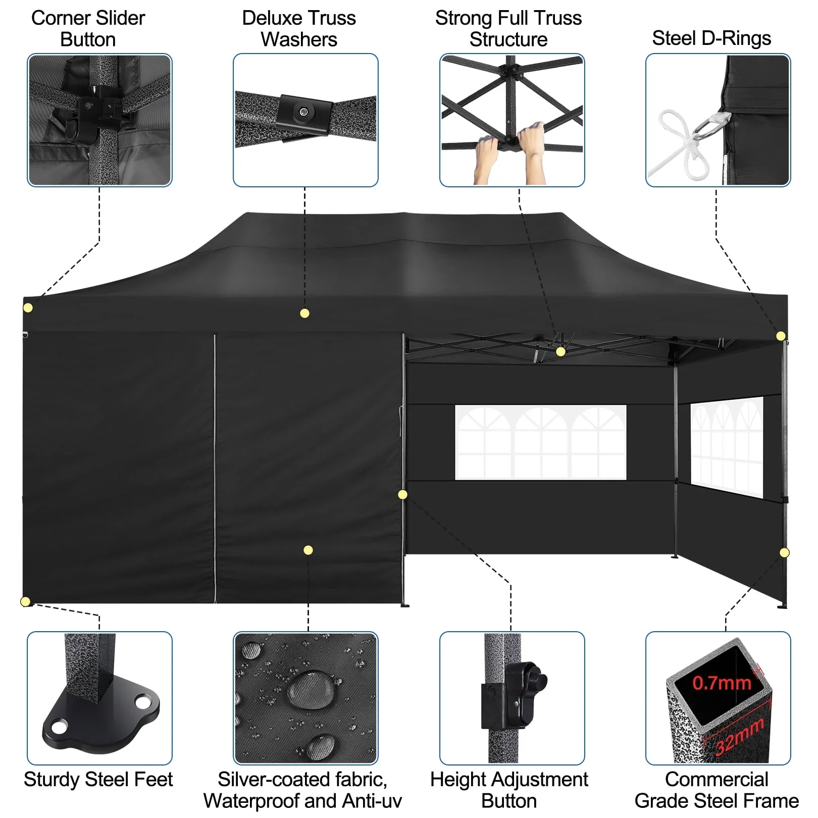 SANOPY 10'x20' Pop Up Canopy Waterproof Folding Tent Outdoor Easy Set-up Instant Tent Heavy Duty Commercial Wedding Party Shelter with 6 Removable Sidewalls, 4 Sandbags, Roller Bag, Black