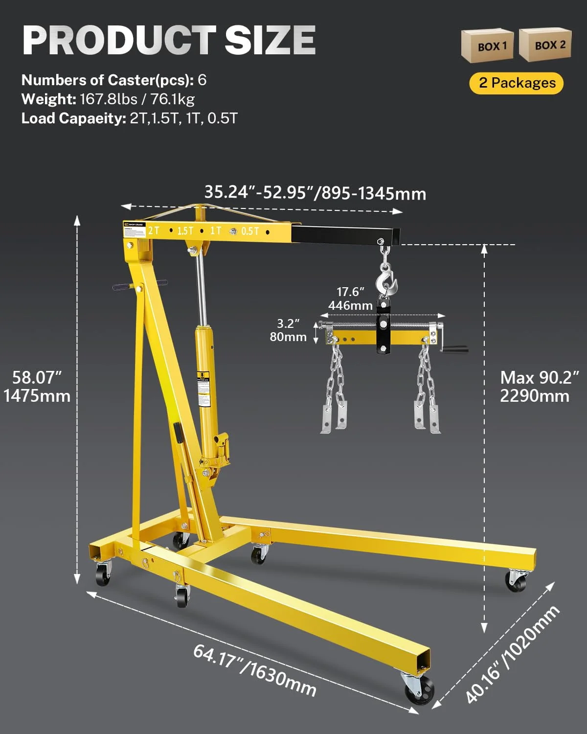 2-Ton Folding Engine Hoist with Lever, Hydraulic Shop Crane with 6 Swivel Wheels & Adjustable Boom (0.5T-2T), Heavy-Duty Cherry Picker for Garage, Workshop, Truck, Farm (Net Wt. 168 lbs)