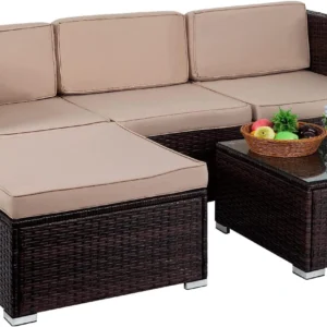 FDW 5-Piece Outdoor Patio Set, Rattan Wicker Sofa, Chairs & Table for Garden, Porch, Balcony, Poolside