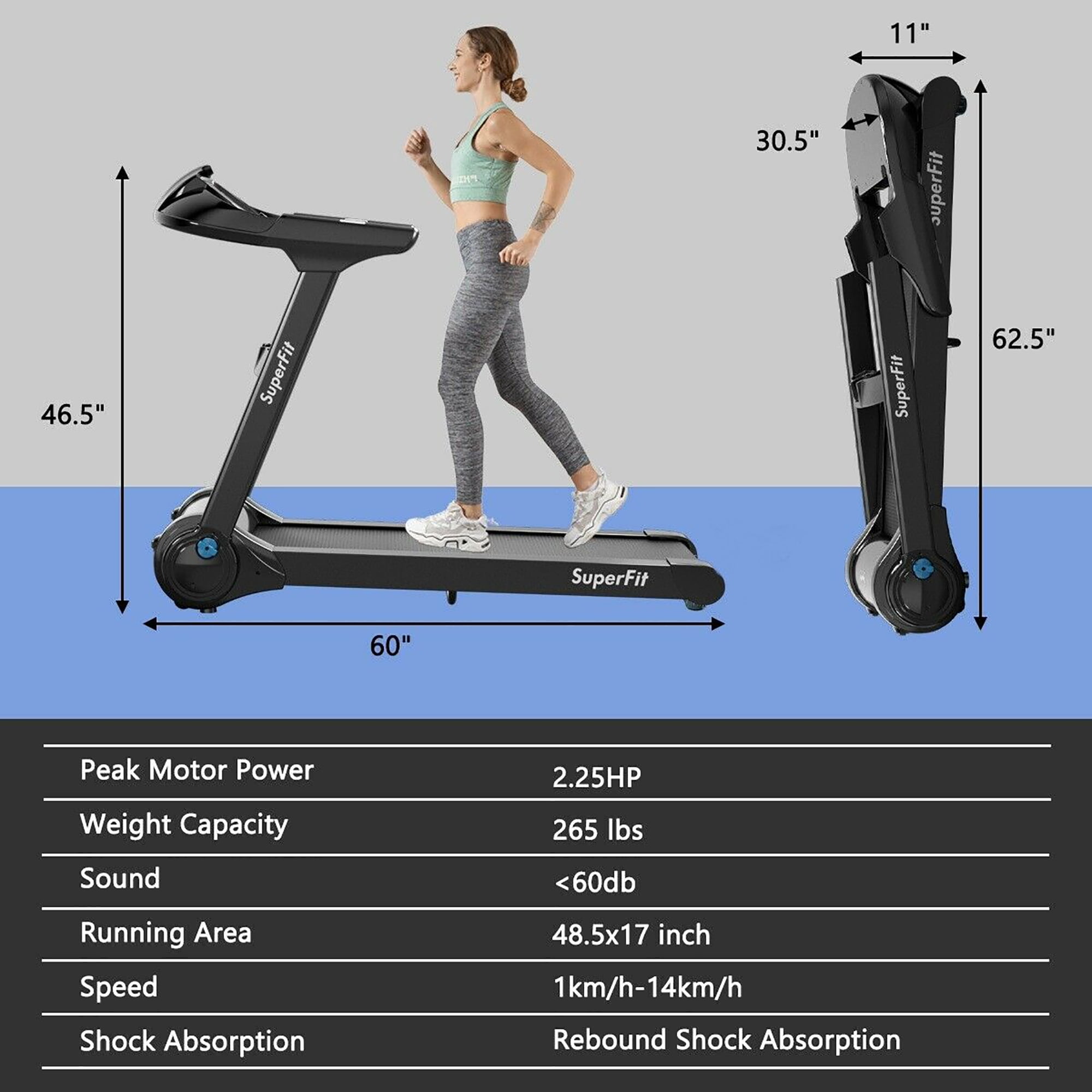 SuperFit 2.25HP Folding Treadmill Running Machine W/APP Heart Rate