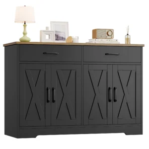 Hiphuta 47"Farmhouse Sideboard Storage Cabinets with 4 Doors & 2 Drawers, Coffee Bar with Brown Top for Living Room