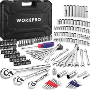 WORKPRO Mechanics Tools Kit and Socket Set, 192-Piece, SAE&Metric, 1/2'', 1/4'', 3/8'' Drive Socket Ratchet Wrench Set with Molded Case