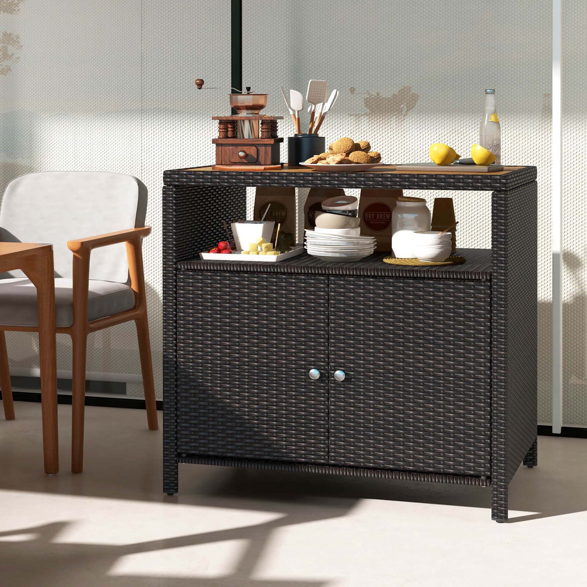 Costway Patio Rattan Storage Cabinet with Acacia Wood Countertop Open Shelf 2 Door Cabinet Mix Brown