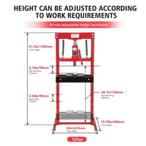12-Ton H-Frame Hydraulic Shop Press with Adjustable Worktable & Safety Valve – Heavy Duty Benchtop Press for Bearings, Bushings, Metal Bending – Garage & Workshop Equipment 12T