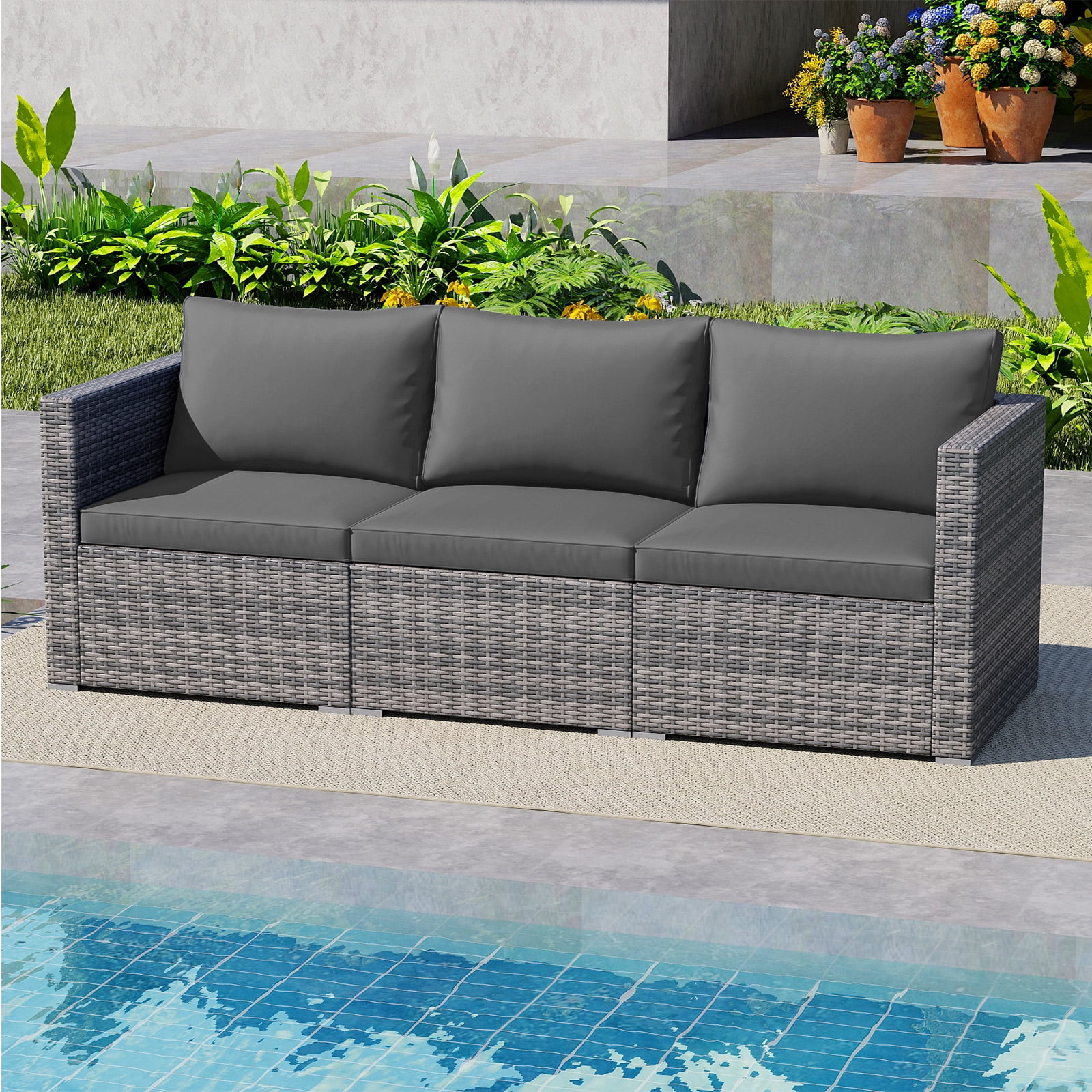 Gymax Set of 3 Patio Sectional Sofa Set PE Rattan Modular Couch Furniture Set w/Cushions