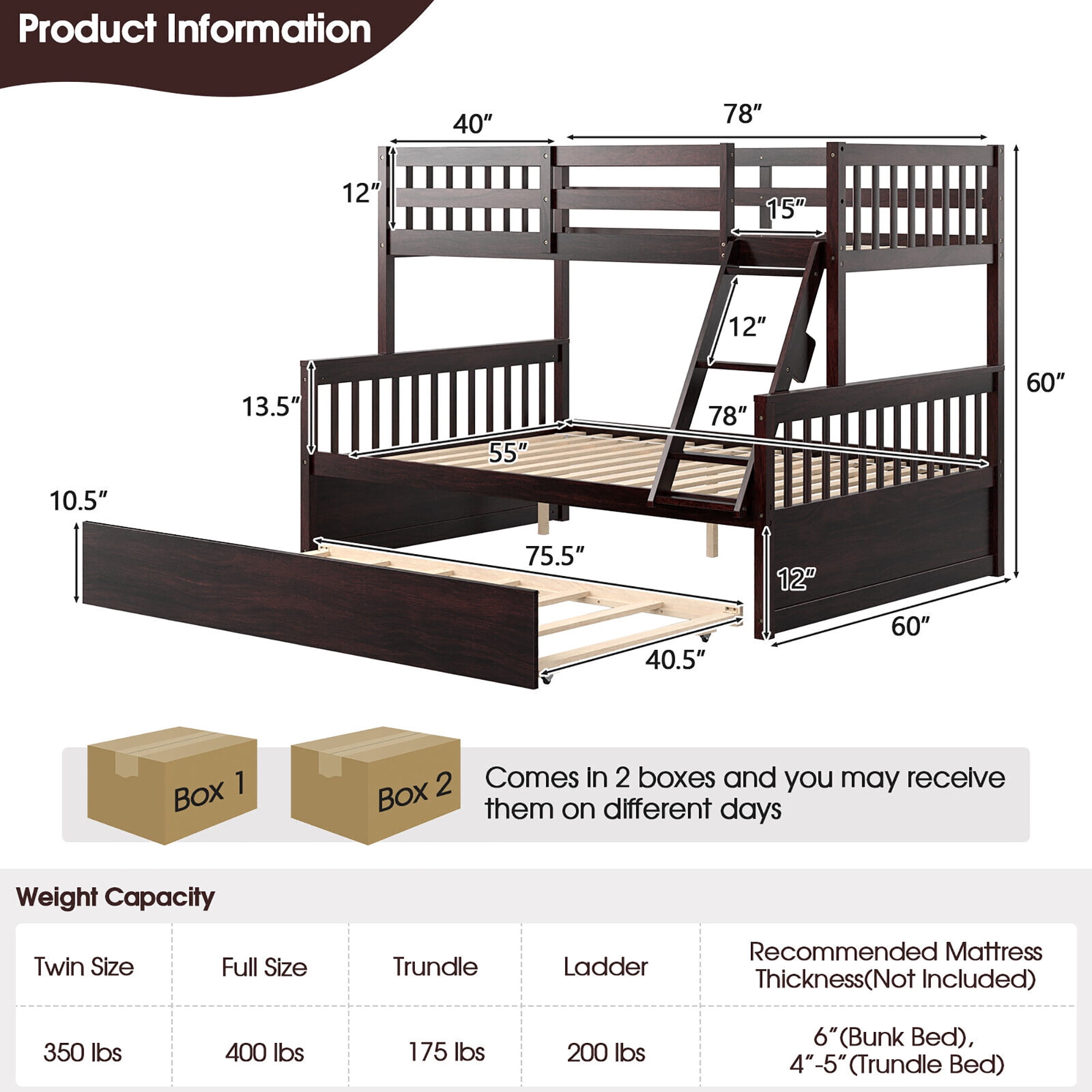 Gymax Twin Over Full Bunk Bed with Twin Trundle Convertible Platform Bed