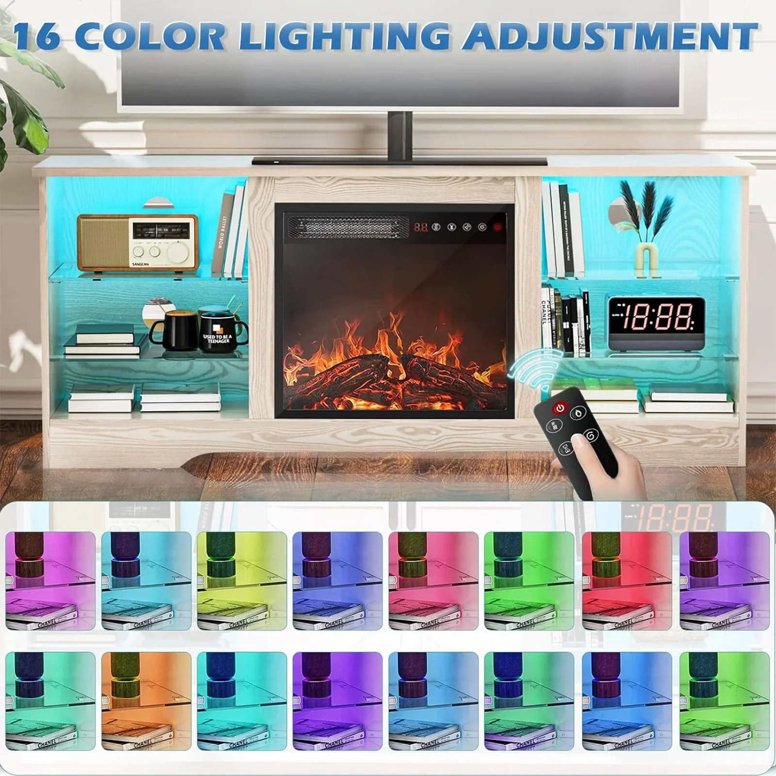Waleaf Fireplace TV Stand with 18'' Fireplace for TVs up to 65 inch, Two Adjustable Glass Shelves