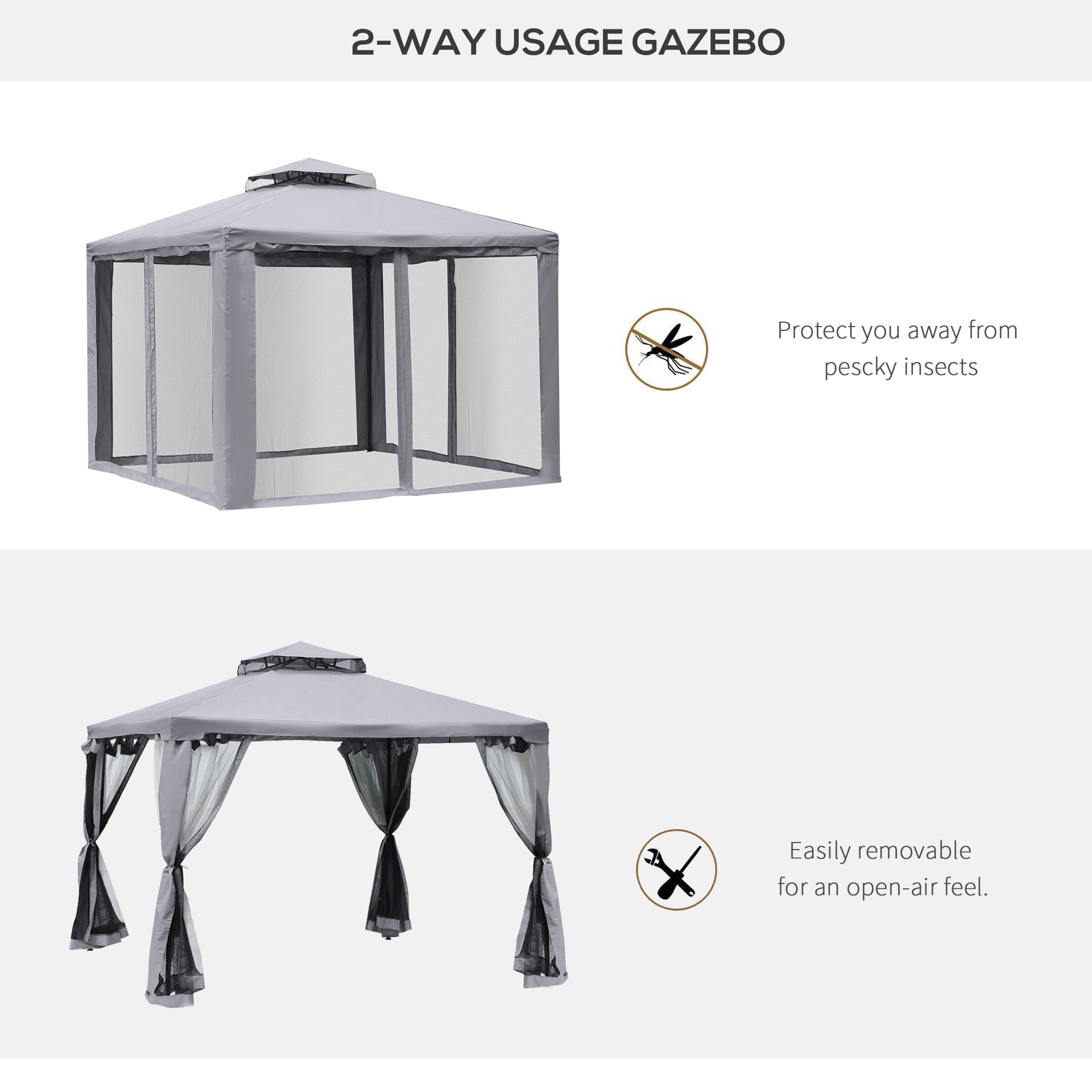 Outsunny 10' x 10' Patio Gazebo Outdoor Pavilion 2 Tire Roof Canopy Grey