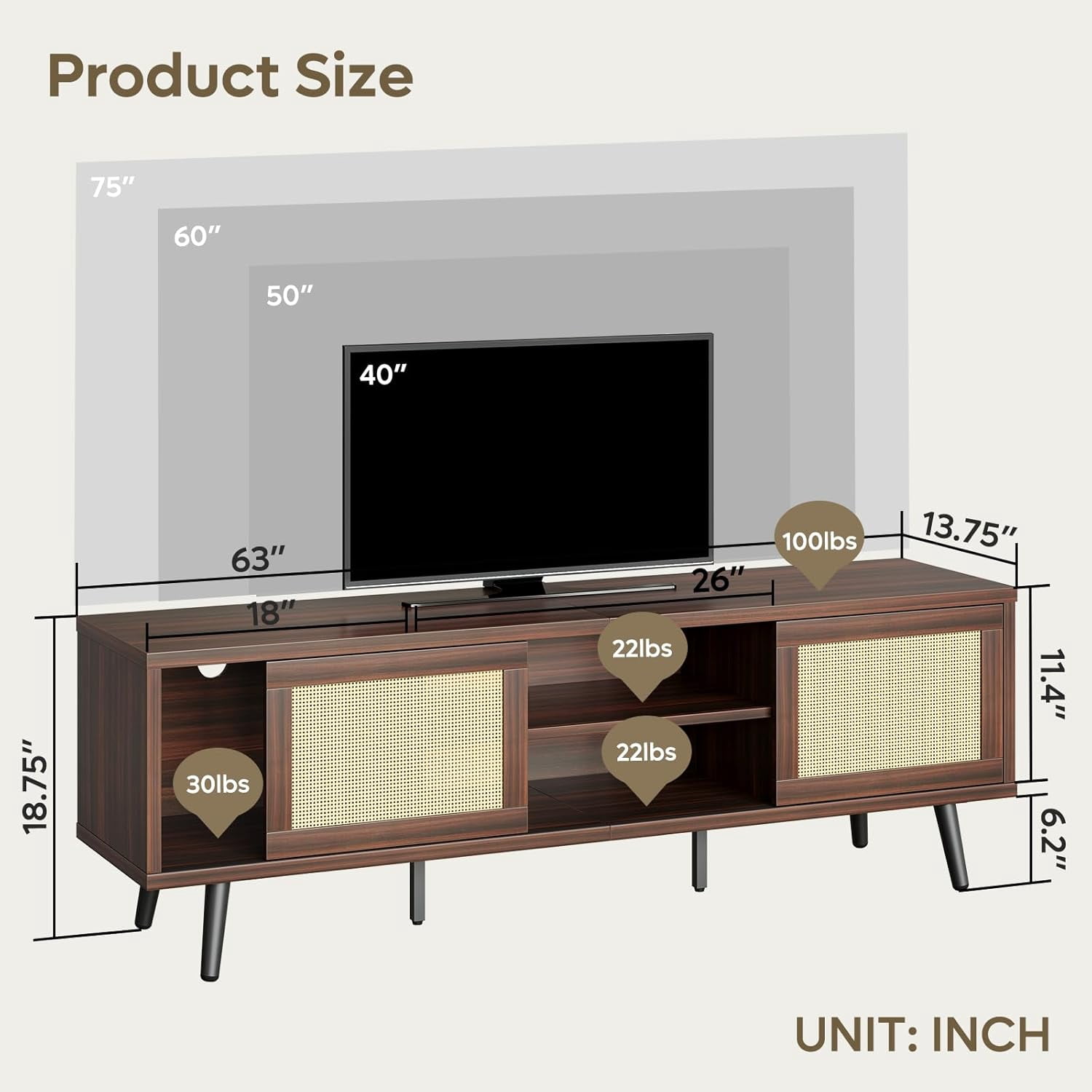 Bestier Rattan TV Stand for 75" TV, Boho Style, Sliding Doors&2 Tier Storage Shelves