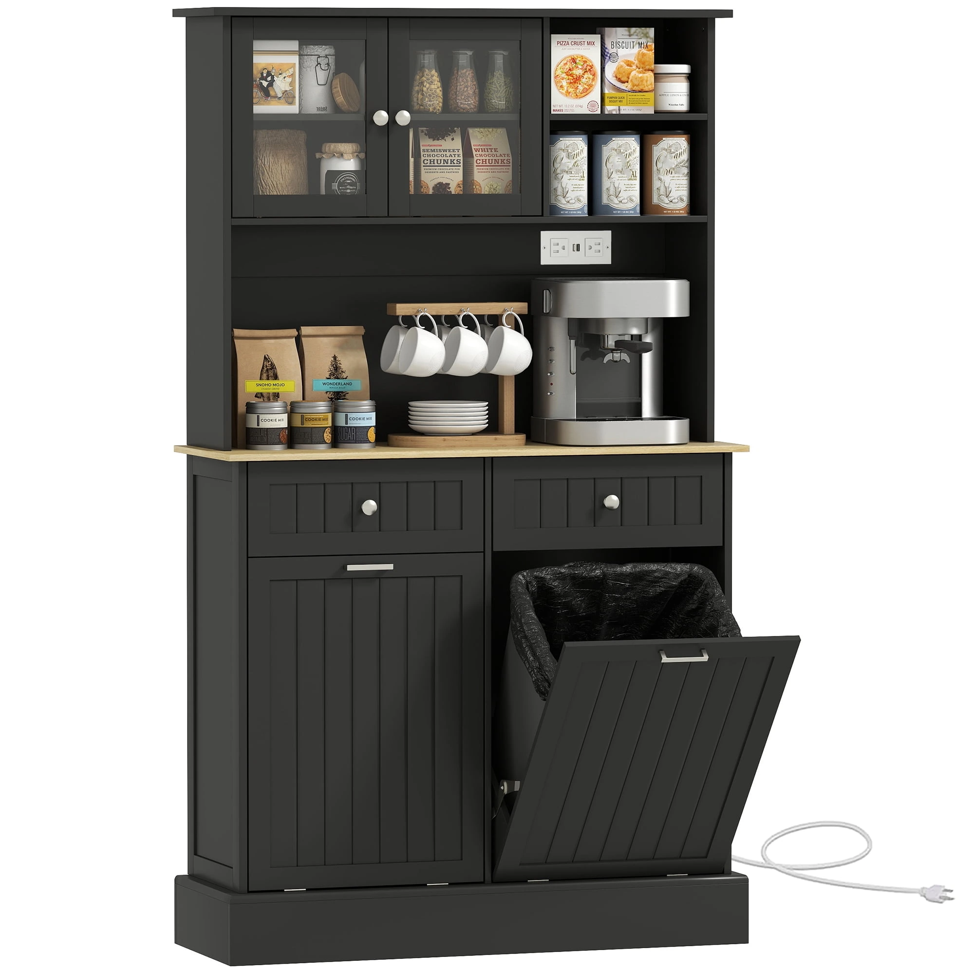 HOMCOM Kitchen Pantry Cabinet, Storage Cabinet w/ Charging Station