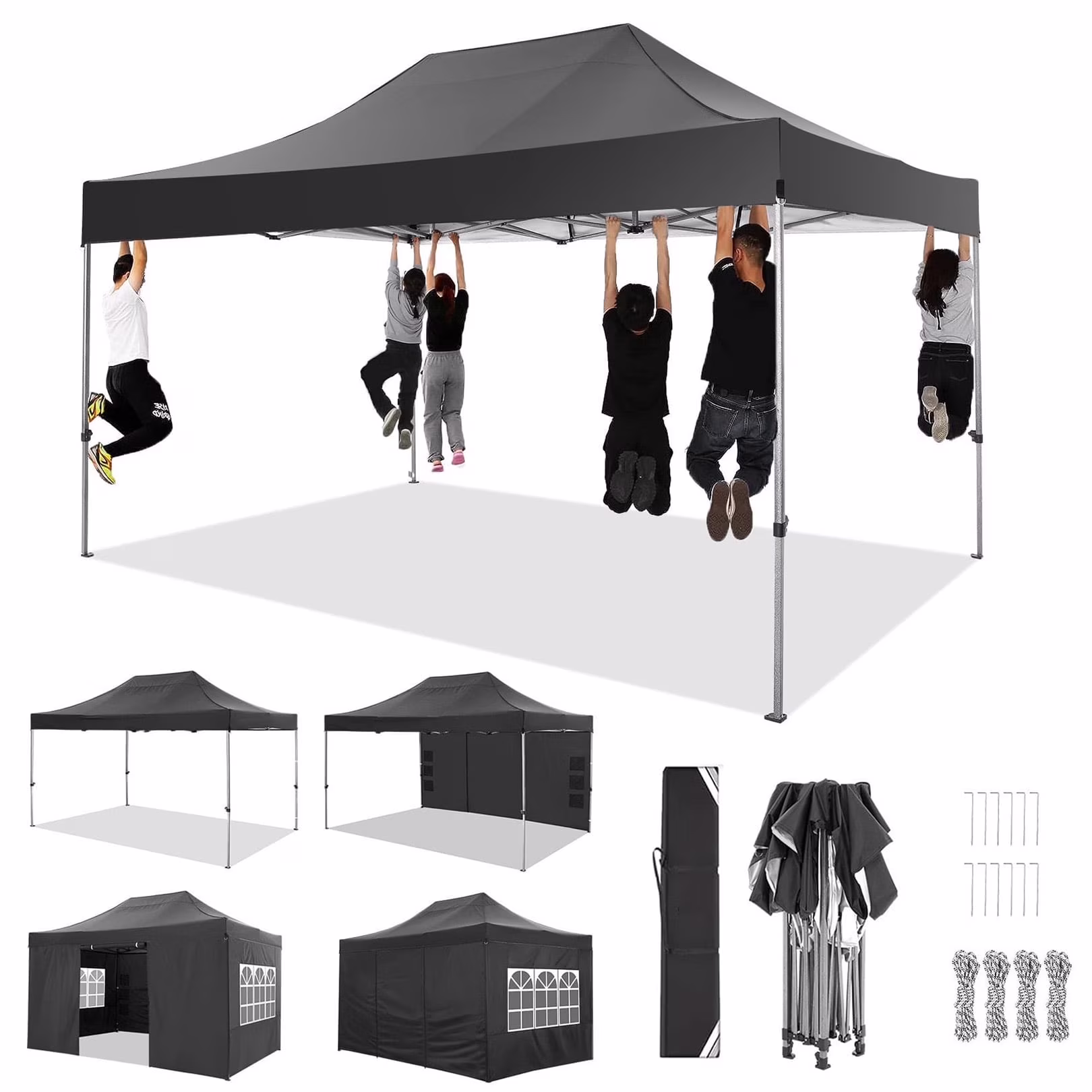COBIZI 10x20 Heavy Duty Pop up Canopy Tent with 6 sidewalls Easy Up Commercial Outdoor Canopy Wedding Party Tent for Beach All Season Wind & Waterproof Gazebo with Roller Bag,Black(Frame Thickened)