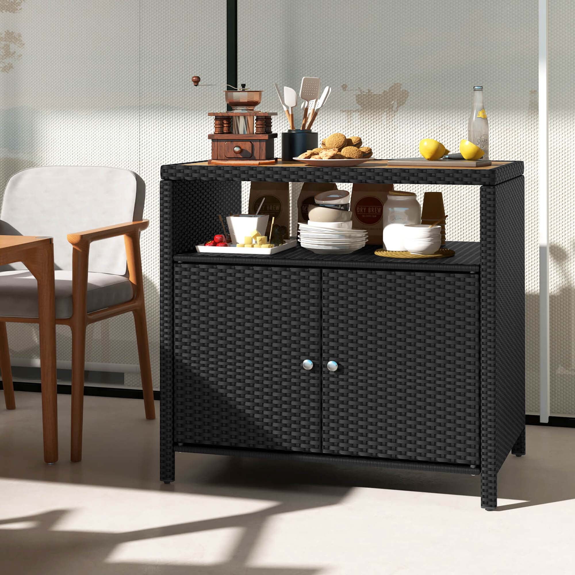 Costway Patio Rattan Storage Cabinet with Acacia Wood Countertop Open Shelf 2 Door Cabinet