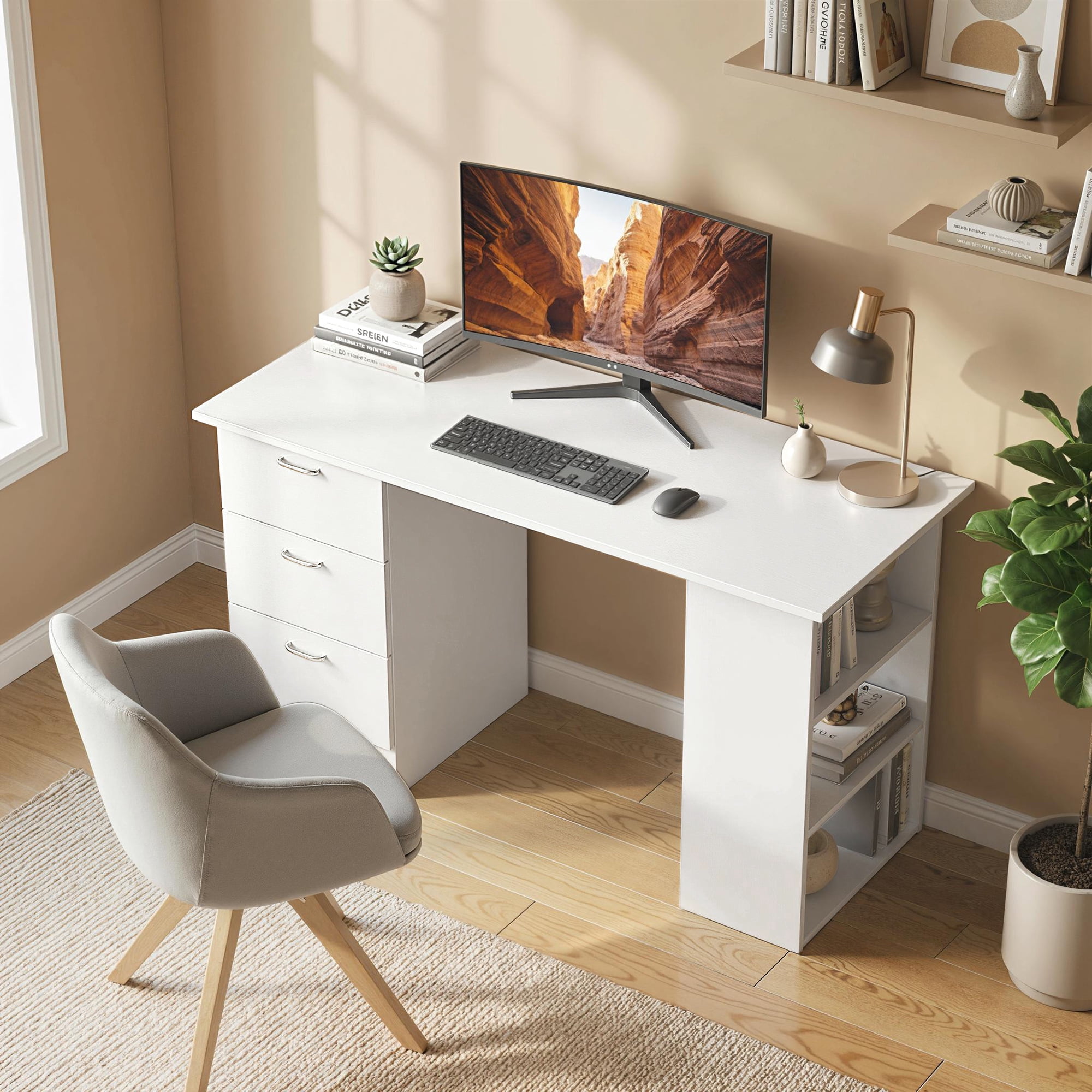 HOMCOM Computer Desk with 3-Tier Storage Shelves, Home Office Desk