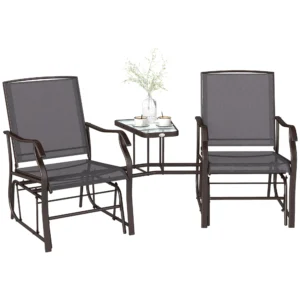 Outsunny Patio Double Glider Chair with Glass Top Center Table, Outdoor Glider Chair with High Back, Sling Fabric for Garden, Bench
