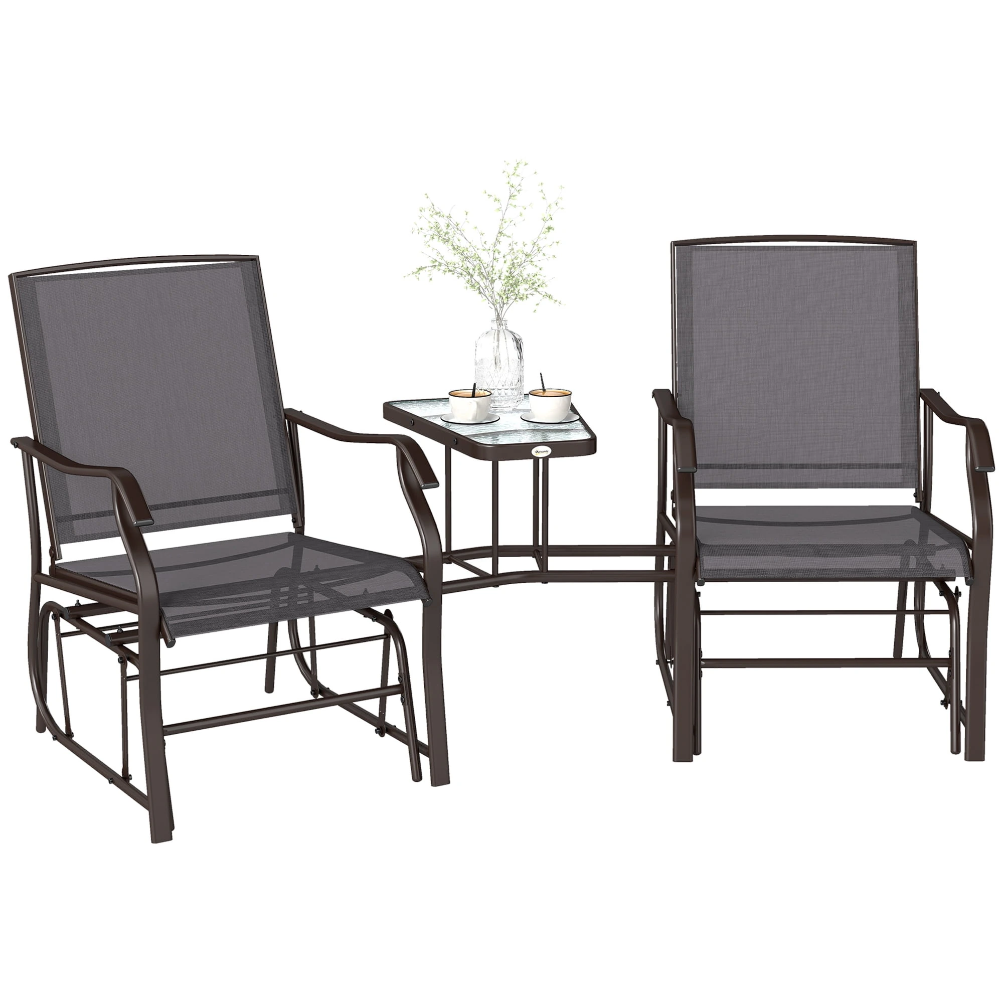 Outsunny Patio Double Glider Chair with Glass Top Center Table, Outdoor Glider Chair with High Back, Sling Fabric for Garden, Bench