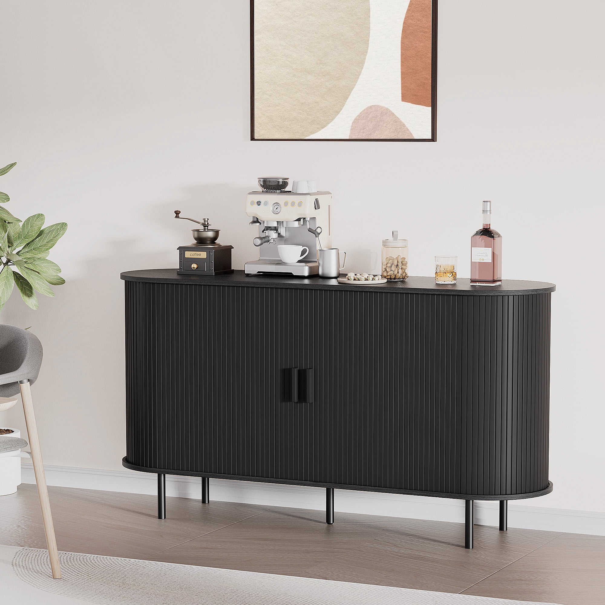 MARNUR Sideboard Buffet Cabinet 55" Storage Cabinet with 2 Sliding Tambour Doors, Adjustable Shelves for Kitchen Office Bedroom Hallway Entryway