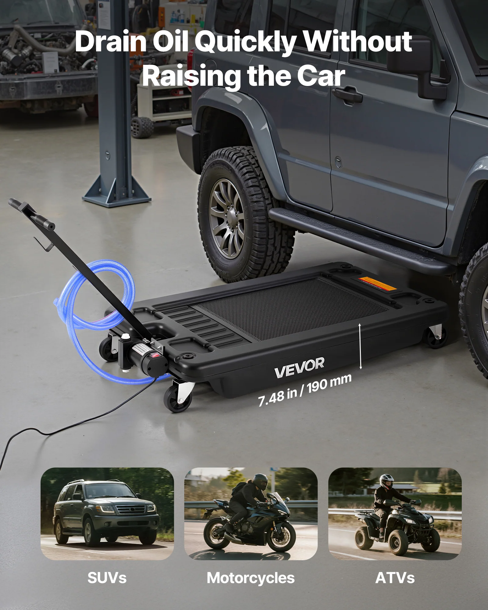 VEVOR Low Profile Oil Drain Pan, 17 Gallon Capacity, Rolling Oil Drain Pan with Electric Pump, 7.2 ft Hose & T Folding Handle, Leak-proof & Corrosion-resistant, Fit for Cars