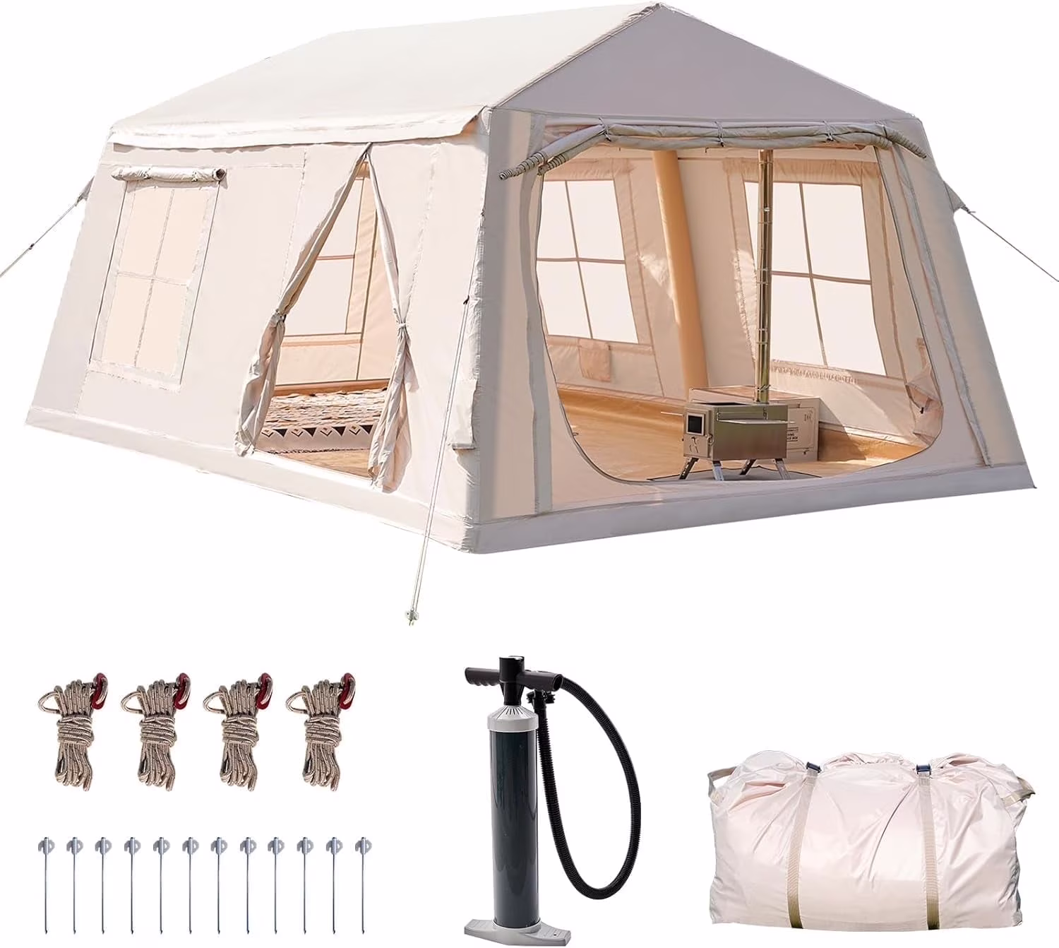 Zikebtuy 2/6/8 Person Inflatable Camping Tent, Easy Setup Blow Up Air Tent with Hand Pump, Waterproof 4-Season Glamping Tent with Large Mesh Windows & Oversized Canopy for Couples, Group & Family