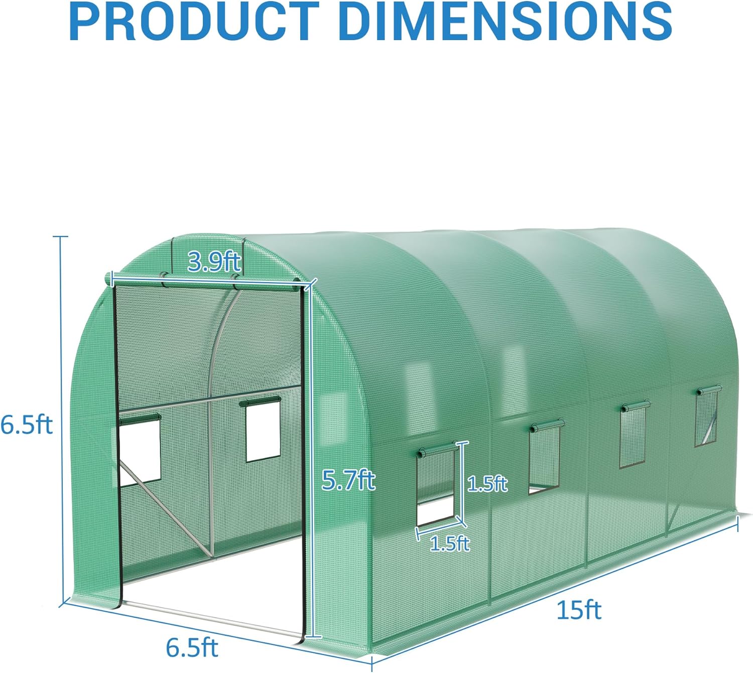 Garvee Tunnel Walk-In Greenhouse, 15 x 6.5 x 6.5 ft, Galvanized Steel Frame, 8 Vents & Roll-up Door