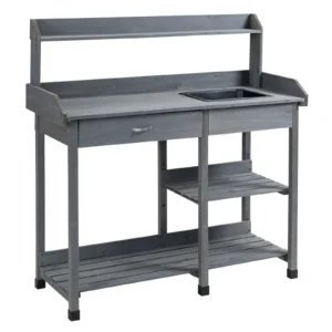 Outsunny Potting Bench Table, Natural Wood, Outdoor Workstation with Drawer, Removable Sink, Storage Shelves and Hooks